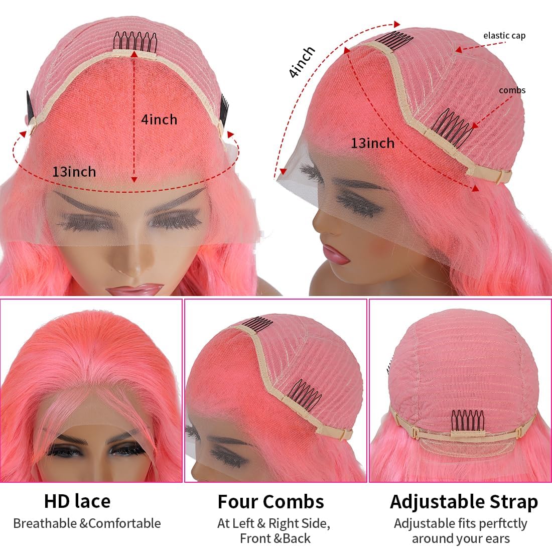 BUGUQI Pink Lace Front Wigs Human Hair Pink Wigs Human Hair Body Curly Human Hair Wig For Women Body Wave Lace Frontal Wigs Human Hair 200% Density HD Transparent Pre Plucked (Pink, 20 Inch)