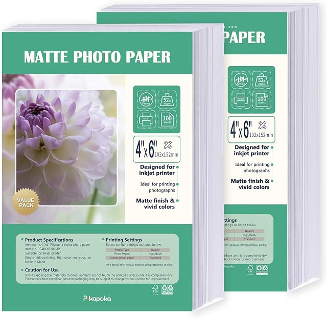 4x6 Papier photo mat pour imprimante jet d'encre, face unique 4R Papier mat 52lb, paquet de 200