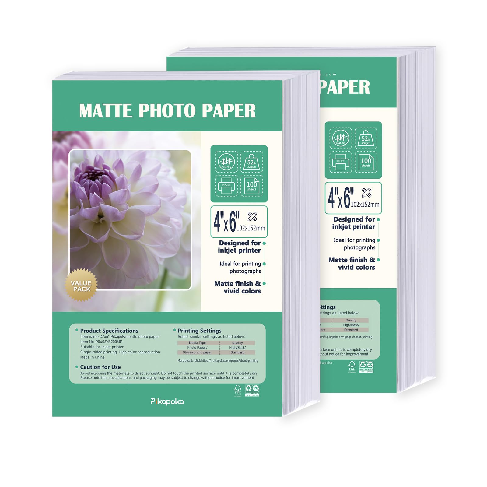 4x6 Matte Photo Paper for Inkjet Printers, 200gsm 52lb Single-Sided 4R Matt Photo Sheets, 200 Pack