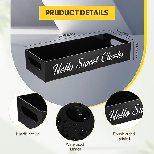 Miniatura 2 de Bandeja de baño acrílica para encimera, cesta de papel higiénico de 2 lados con divertido dicho Hello Sweet Cheeks, caja de baño, bandeja negra para