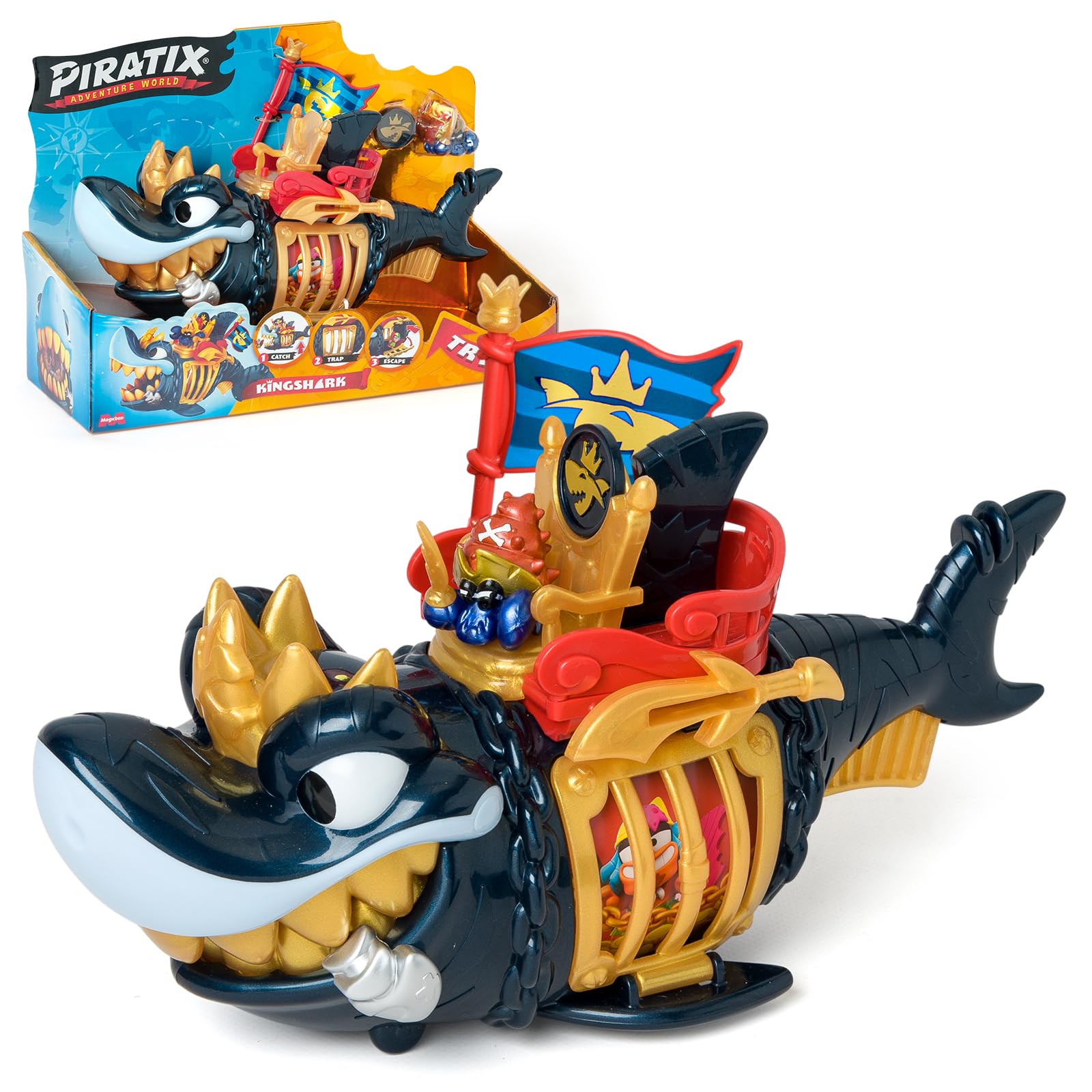 PIRATIX King Shark Golden Teeth - Articulated shark, with a cage to capture rival Piratix. Includes 1 shark, 1 exclusive treasure, 1 exclusive Piratix and 1 accessory, Navy