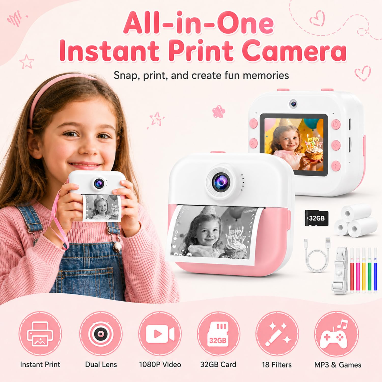 Cámara de impresión instantánea para niños, impresiones de liberación rápida, regalos de cumpleaños de Navidad de 6 a 12 años, selfie digital con videos de 1080P, juguete portátil de viaje