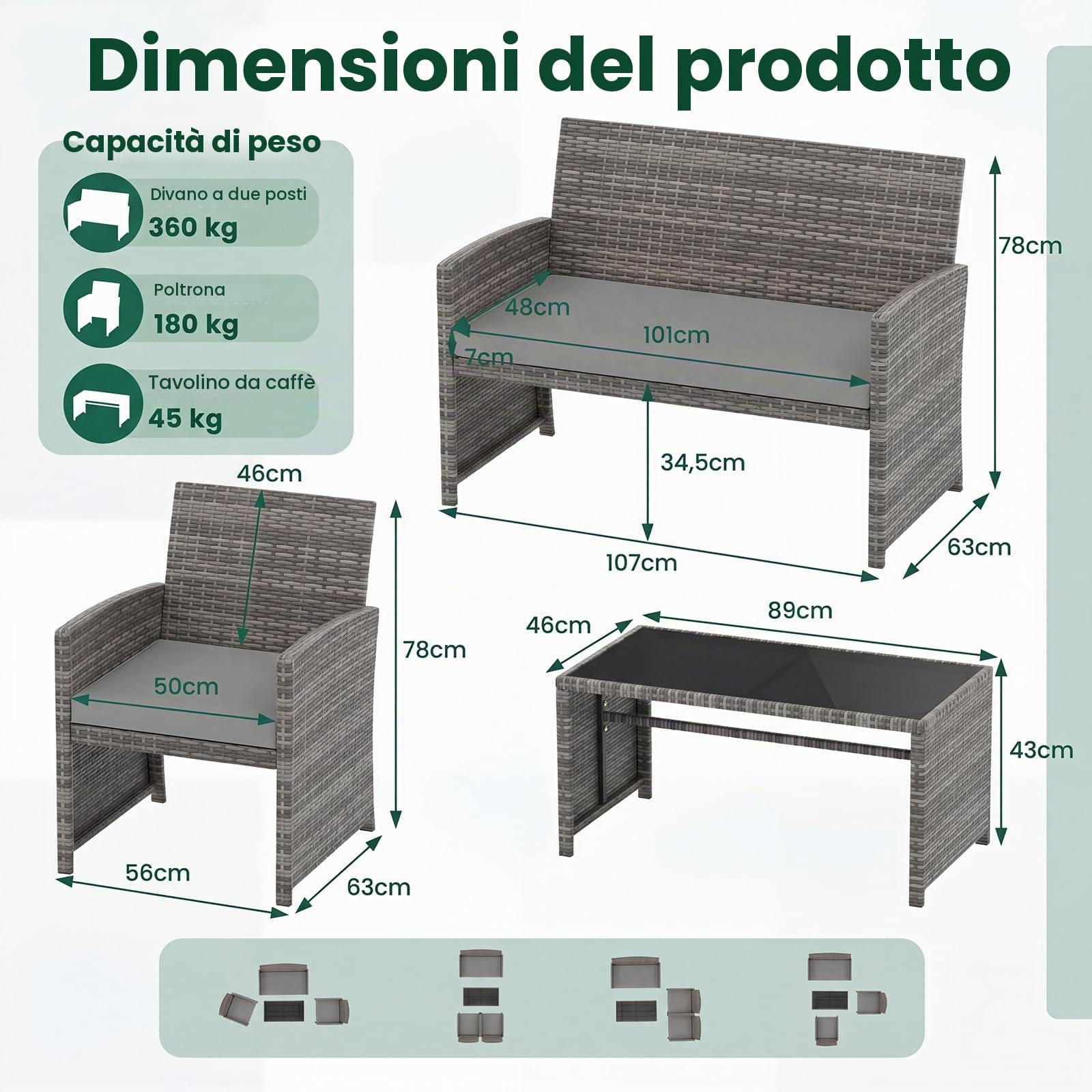GIANTEX Set di mobili da giardino in rattan, 4 pezzi, divano a 2 posti, 2 poltrone, tavolino con ripiano in vetro, per 4 persone, tavolo e sedie per terrazza, patio (grigio)
