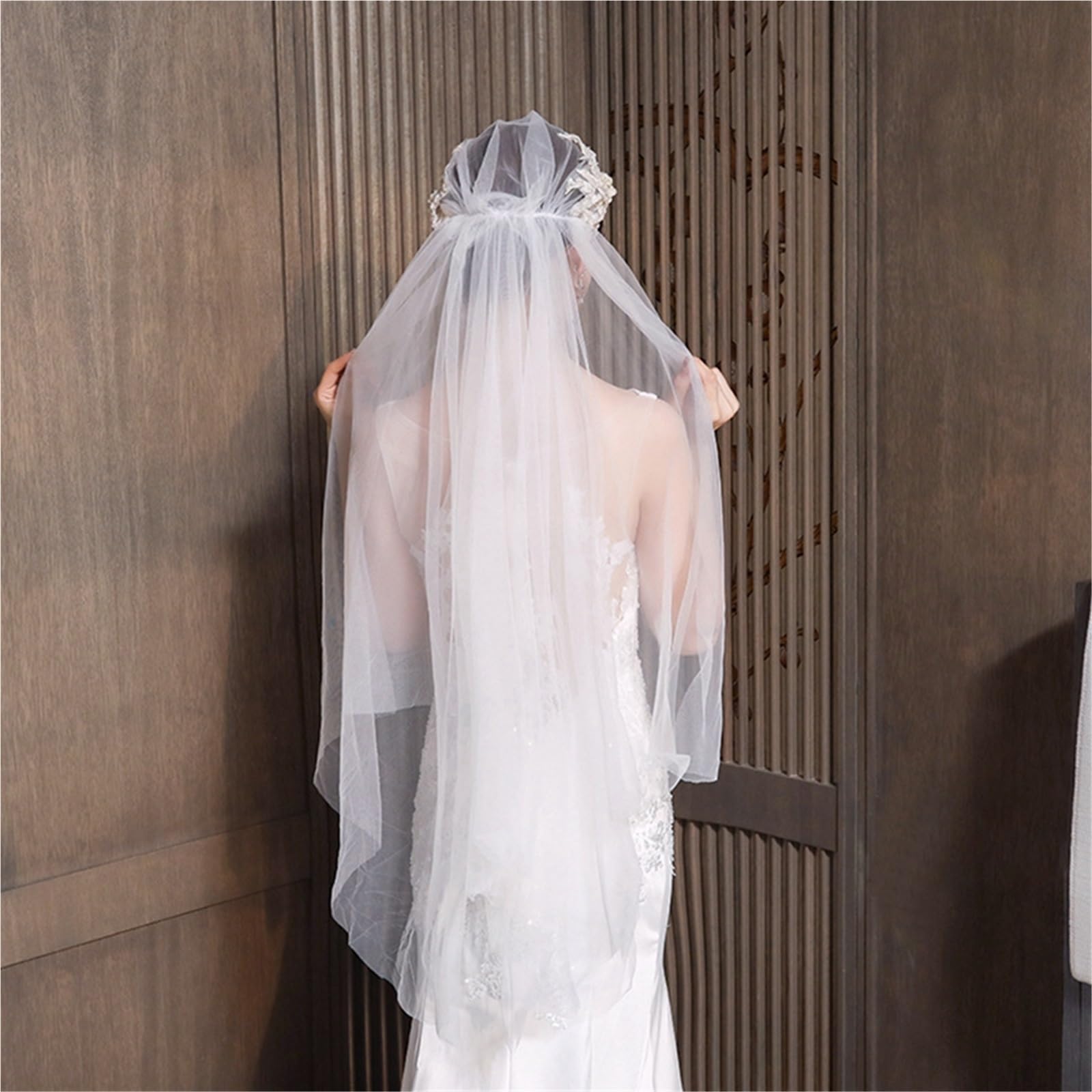 Velo da sposa punta delle dita con bordo decorato con perline – Velo da sposa in poliestere a 1 strato for accessori da sposa dal design elegante