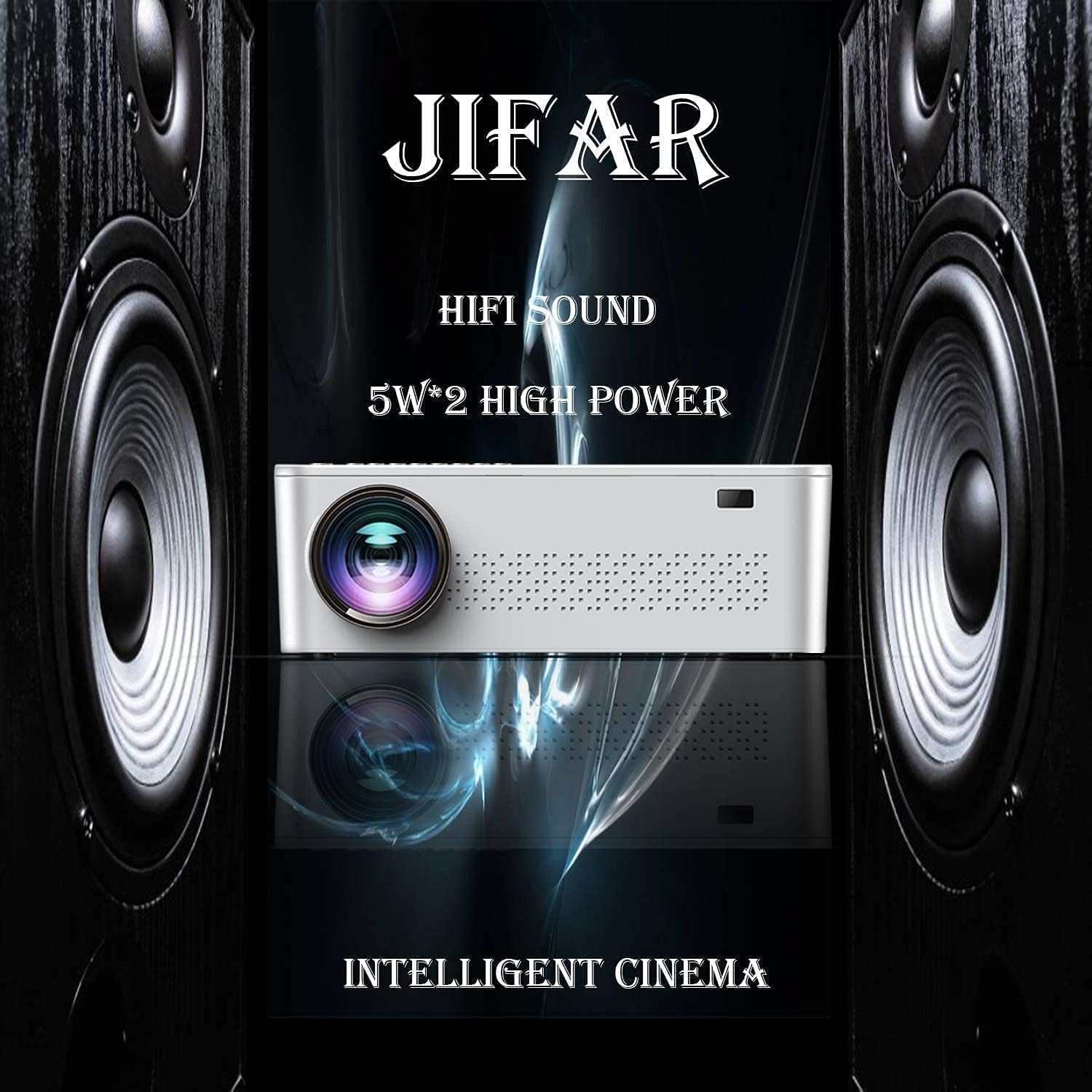 JIFAR projector with two large speakers on either side, labeled 'HIFI SOUND 5W*2 HIGH POWER'