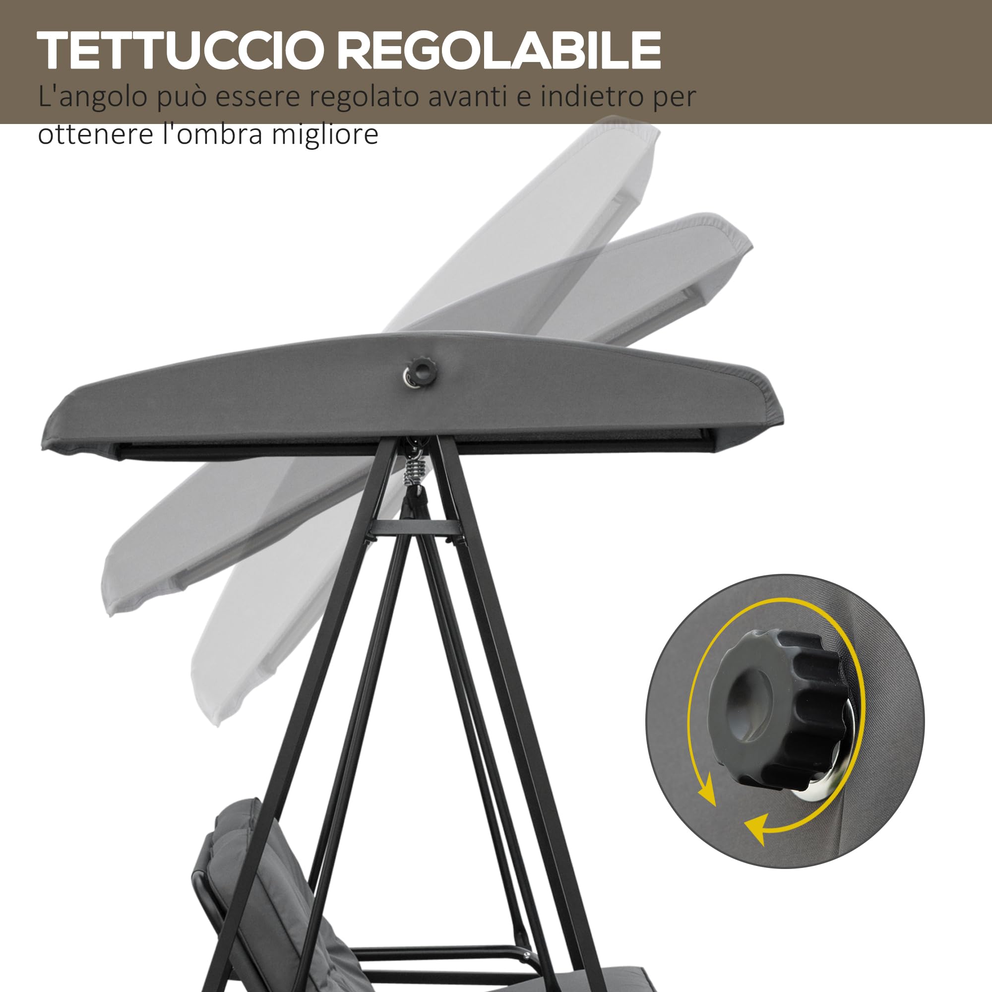 Outsunny Dondolo da Giardino 2 Posti con Tettuccio Parasole Regolabile e Cuscini, Dondolo da Esterno con Seduta Traspirante in Poliestere e Acciaio, Portata fino a 220 kg, 144x117x173 cm, Grigio Scuro
