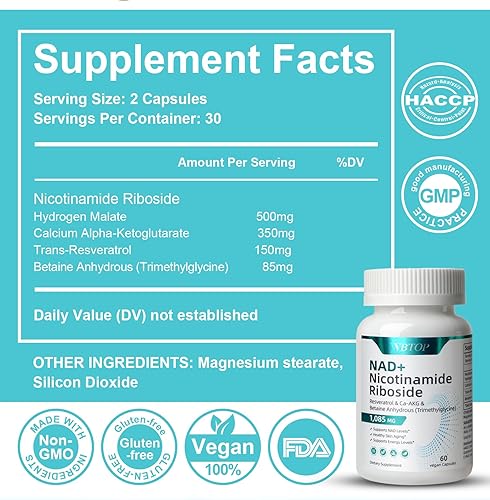 Miniatura 2 de Suplemento NAD+- 500 mg de nucleósido de nicotinamida con trans-resveratrol - Aumenta los niveles de NAD+, apoya la energía celular y mejora las