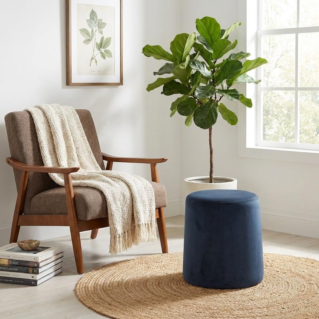 HomePop Organic Shape Ottoman (No Lid, Seat Only) | HomePop Home Décor | Round Pouf Foot Rest – Blue Velvet