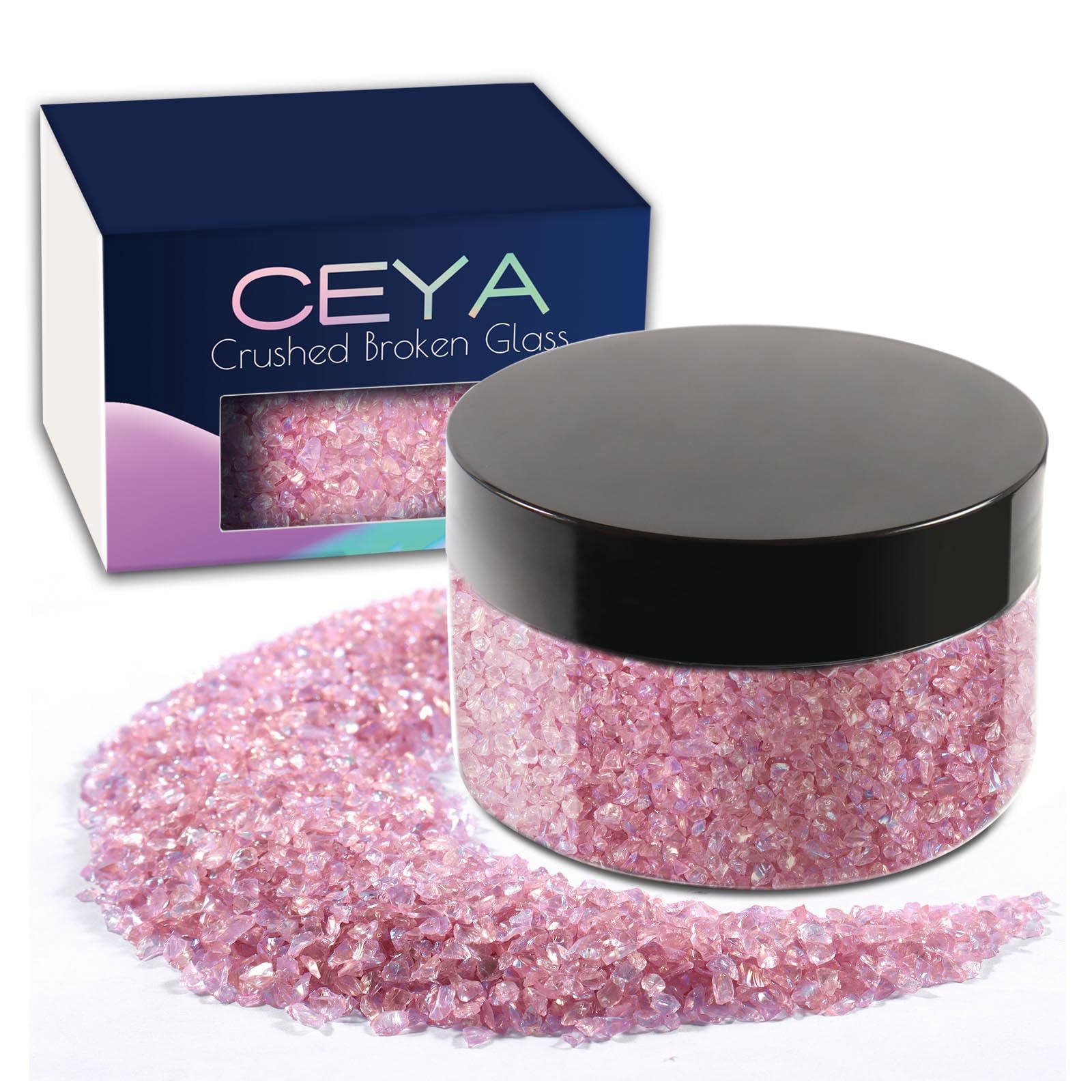Ceya 5.3oz/ 150g Crushed Irregular Glass Miami Pink Metallic Crystal Chip Broken Glass Chips Glitter 2-4mm Craft Chunky Glitter for Nails Art Epoxy Resin Mold Coasters Ornament Painting Geode