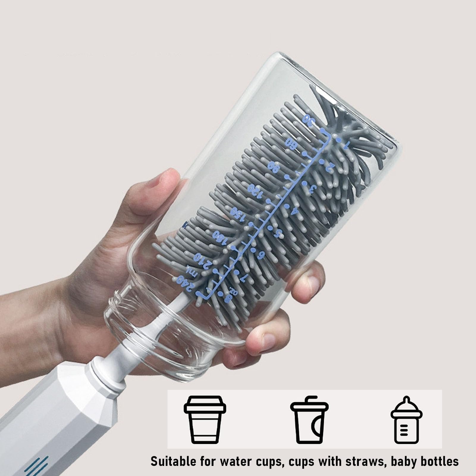 Brosse à biberon électrique Rechargeable avec Long Manche et 2 têtes pour la Maison et Les Voyages, Un Nettoyeur de biberon Portable pour Un Nettoyage Efficace