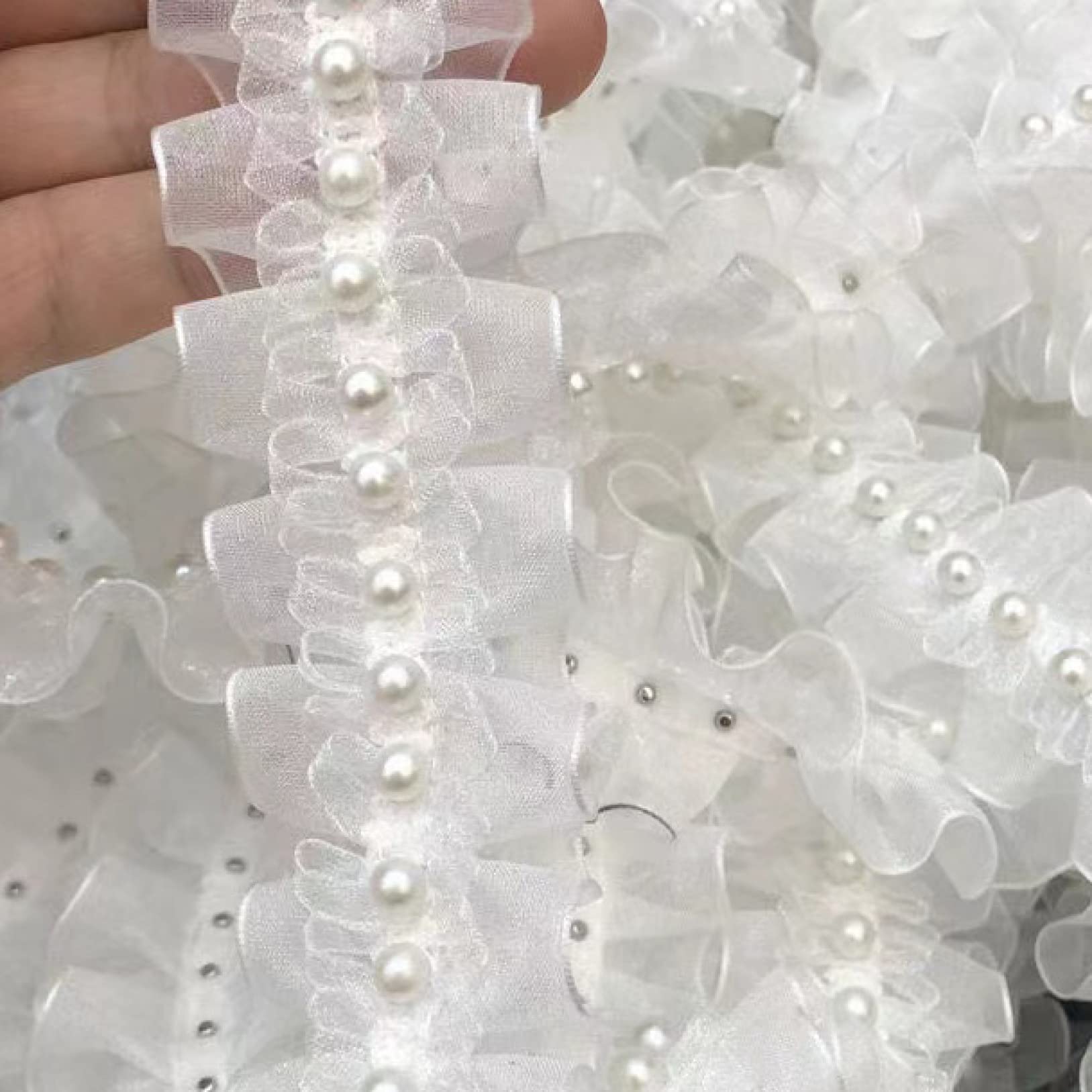 Ribete de encaje, ribete de encaje de tul blanco bordado con patrón floral, apliques de volantes de costura para collares y decoración de vestidos (3 yardas)