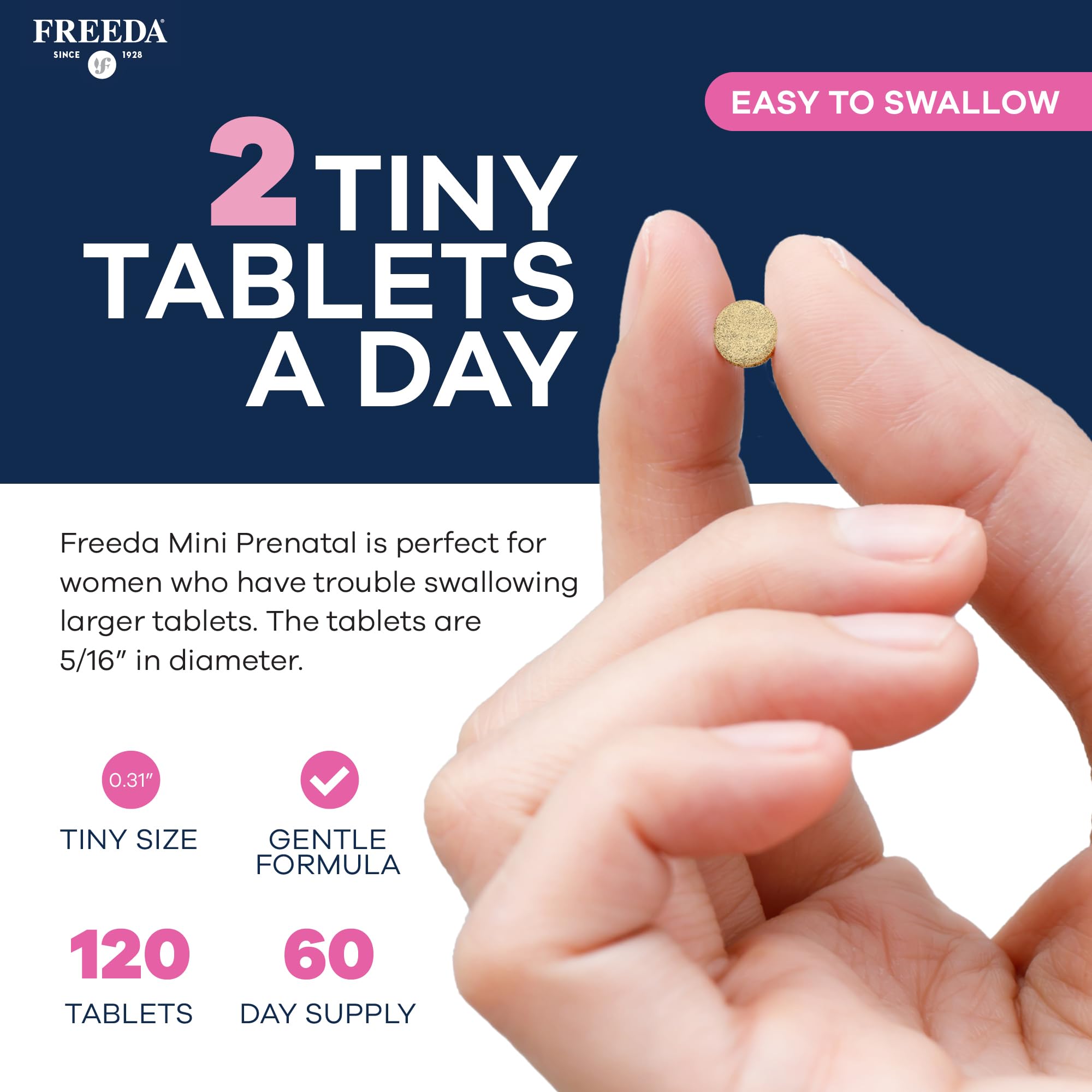 FREEDA Mini Prenatal Vitamin - Kosher Prenatals -Tiny Easy to Swallow Tablets - Prenatal Vitamins with Iron, Prenatal Folic Acid/Folate, Vitamin D - Pre Natal Multivitamin for Pregnant Women (120) — Amazon image 4