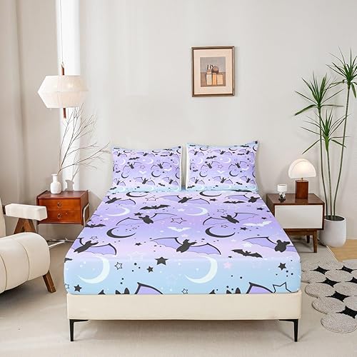 Miniatura 2 de Juego de funda de edredón de Halloween, sábana bajera ajustable de arcoíris para niños y niños, diseño de murciélago, luna y estrella, juego de