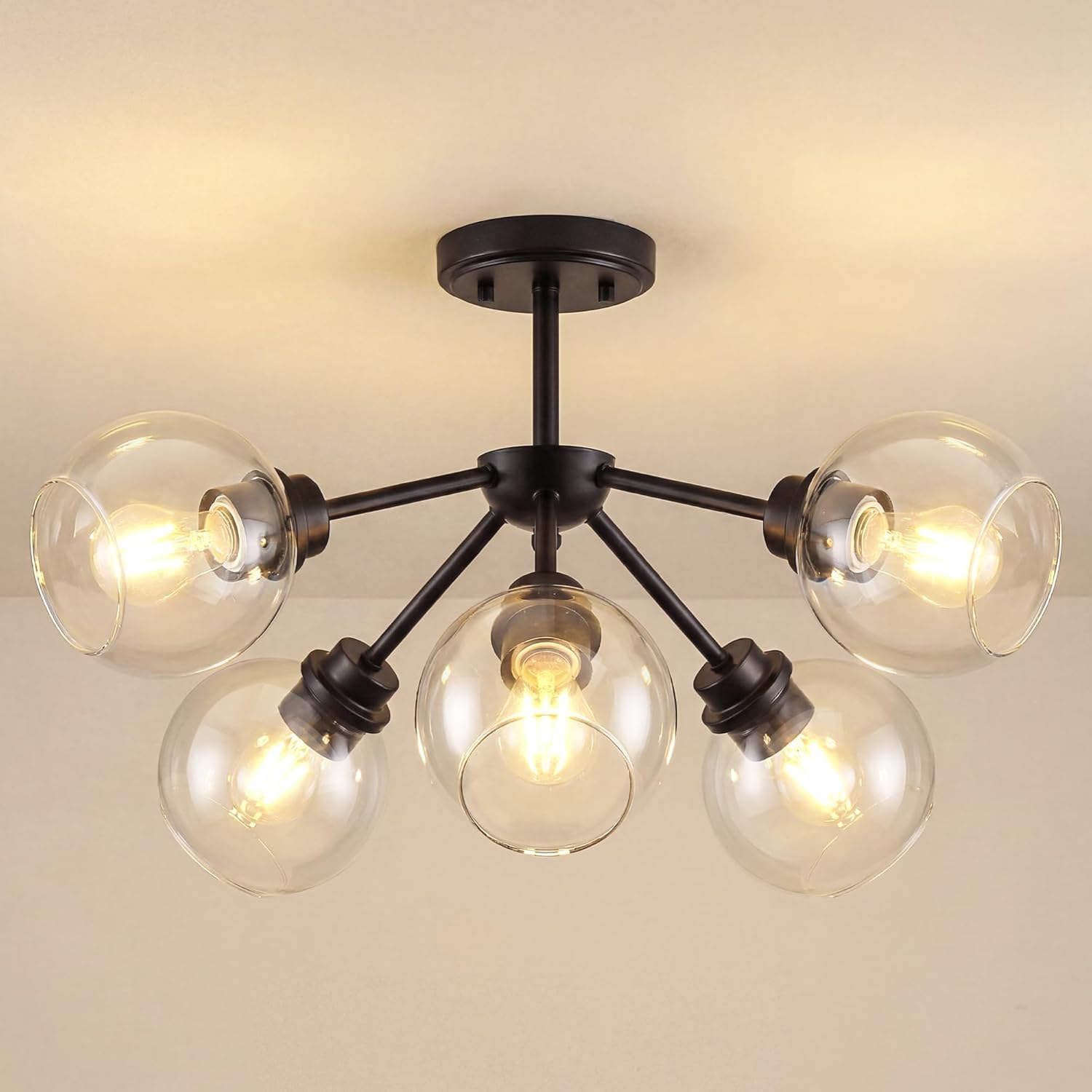 6-Light Semi Flush Mount Ceiling Light, 22" Modern Light Fixtures Ceiling Mount with Globe Clear Glass Shade, Matte Black Light Fixtures for Kitchen Entryway Bedroom, SM195-MB-6
