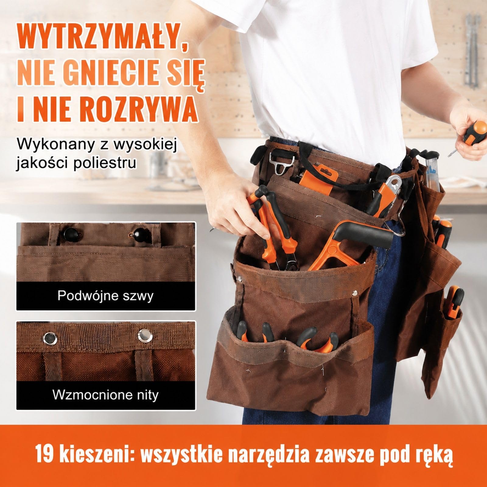 Pas narzędziowy stolarski z torbą budowlaną, 19 kieszeni, do prac ciesielskich i remontowych