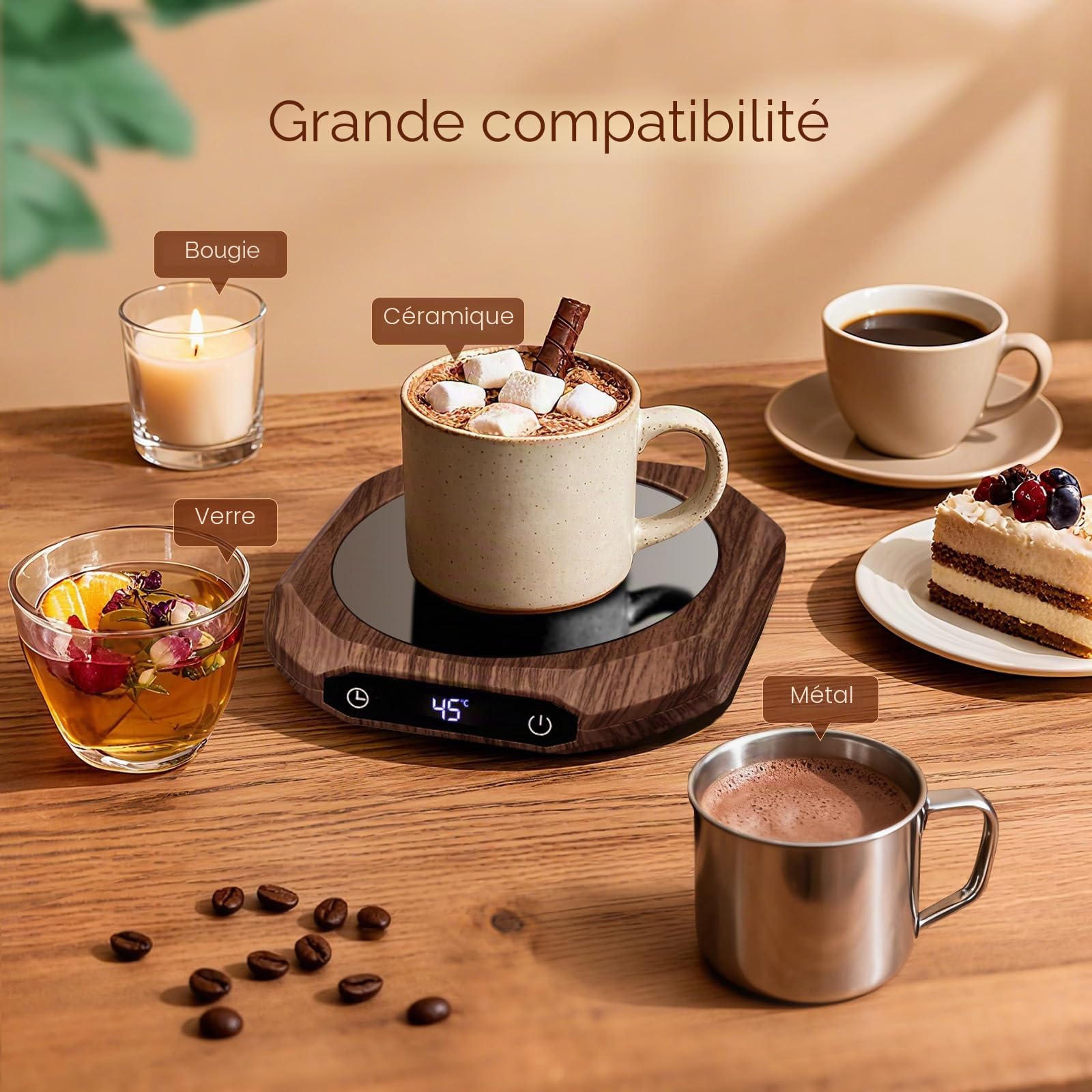 Chauffe Tasse, Chauffe café pour Bureau, Chauffe-Tasse à café,1-12H arrêt Automatique,Chauffe-Bougie Intelligent avec 3 réglages de température, Chauffe-Boisson électrique (Marron)