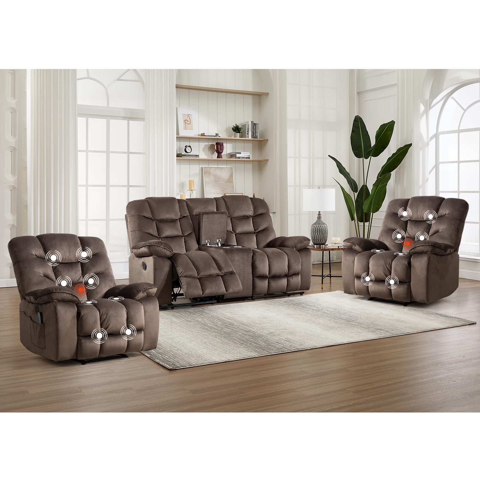 HAOMARKETS 3 Pieces Recliner Sofa Furniture Set, Include 2 Power Recliner Chairs with Message&amp;Heat and a Manual Loveseat with Hidden Storage and Cup Holders for Living Room, Brown