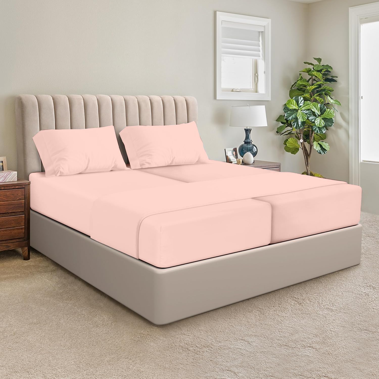 SGI Split King Sheet Set for Adjustable Bed Egyptian Premium Cotton 600 Thread Count Sheets for Sleep Number Bed 15" Deep Pocket 5 Pc Set with 2 Twin XL Fitted Sheets Soft Breathable -Peach