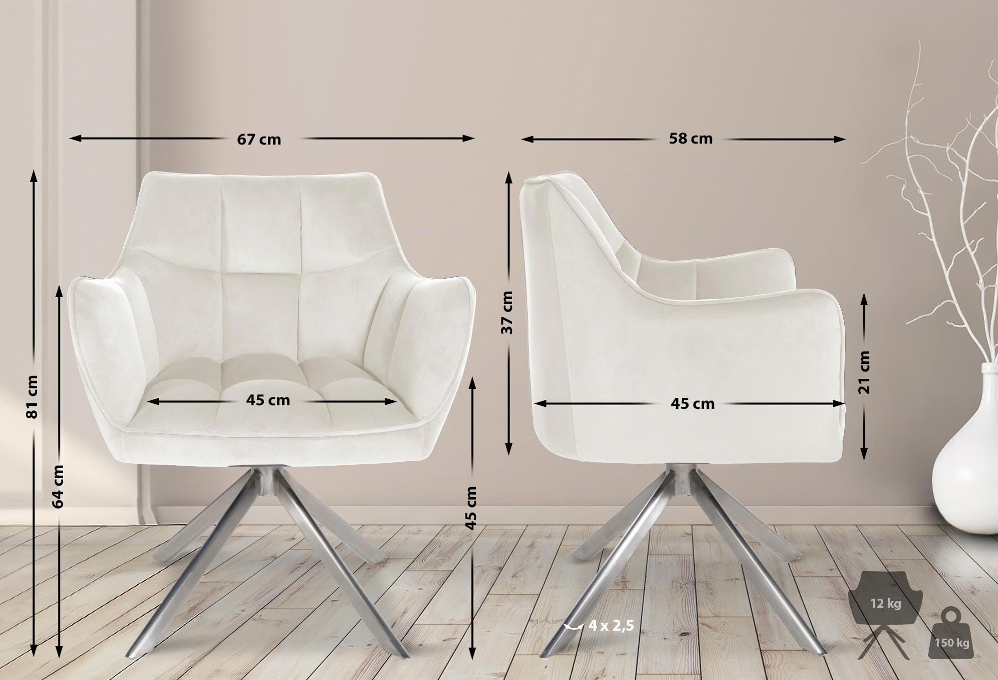 CLP Esszimmerstuhl drehbar Swing, Küchenstuhl mit Armlehnen und Rückstellfunktion, moderner Polsterstuhl, Bodenschoner, bis 150 kg | Farbe Creme Gestell Farbe Edelstahl
