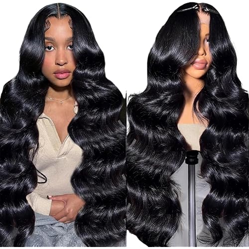 250% Density Body Wave Lace Front Wigs Human Hair Pre Plucked 13x6 HD Transparent Frontal Human Hair Wigs for Women Body Wave Glueless Lace Wigs Human Hair with Baby Hair Natural Black 30 Inch