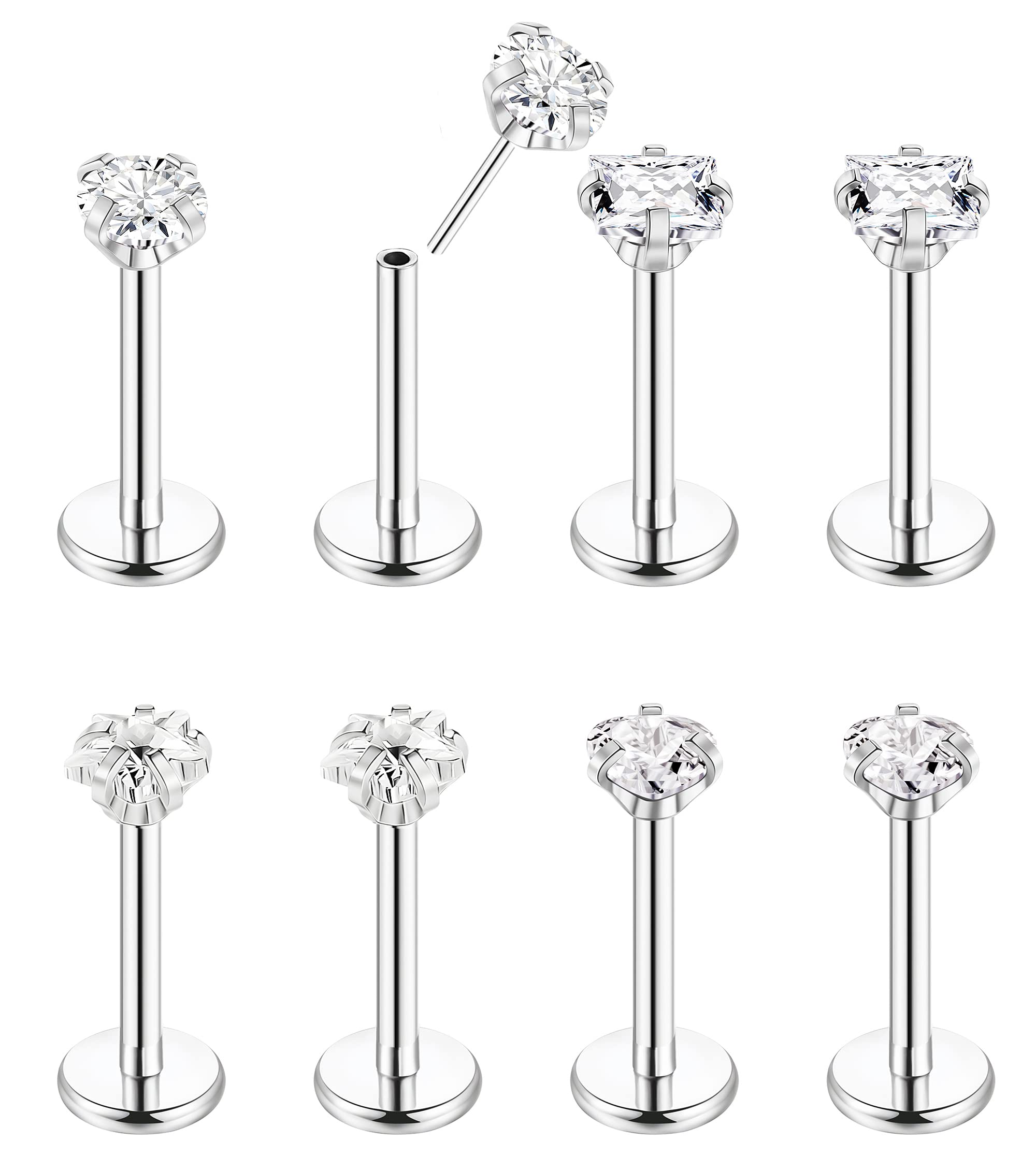 NICEIGHT 8Pcs 16-20G Stainless Steel Threadless Push in Nose Rings Studs for Women CZ Tragus Earring Set Labret Monroe Medusa Piercing Lip Ring