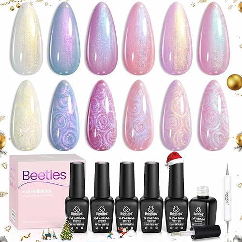 Beetles Pearl Gel Nail Polish, 6 Colors Shimmer Pearl White Pink Purple Mermaid Nail Drawing Gel Polish Soak Off Uv Gel Polish Swirl Shell Thread Effect DIY Manicure Gift for Women - 0-0-Pearl Gel Polish