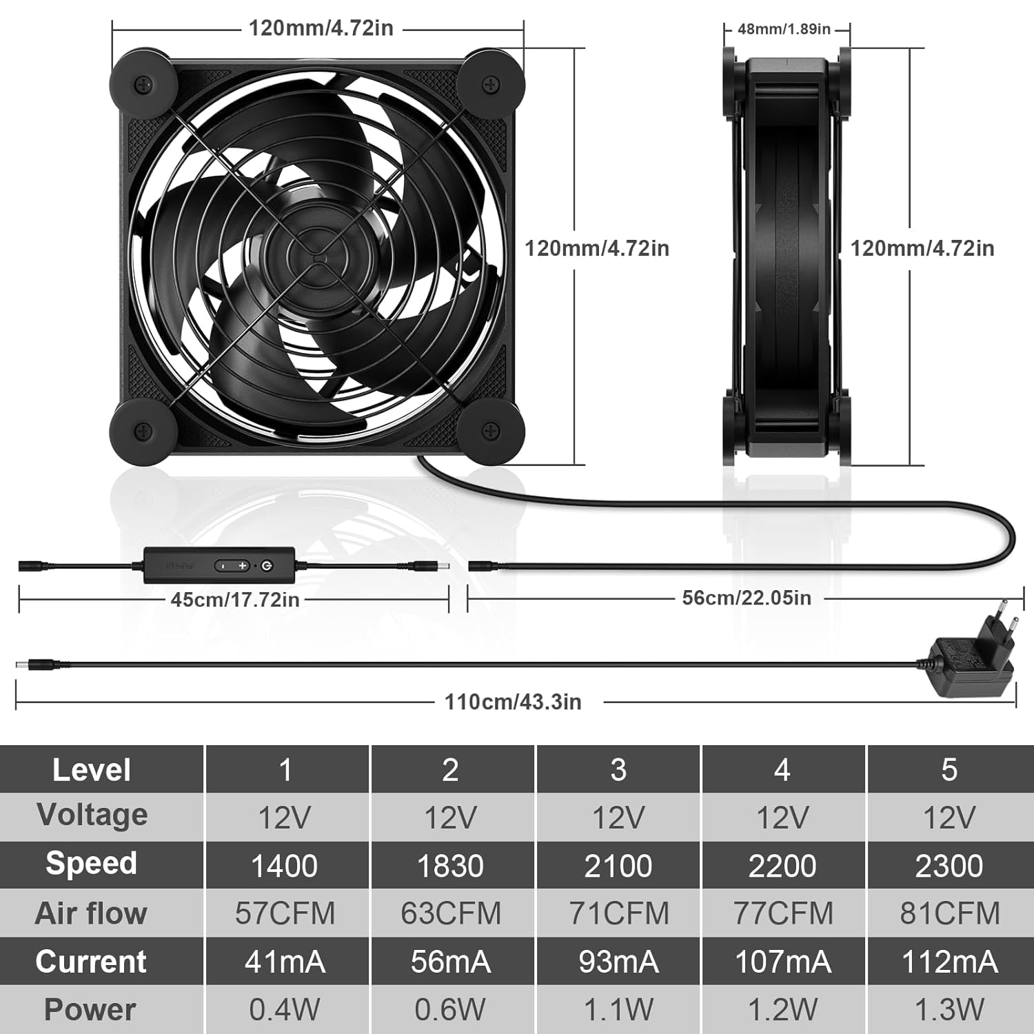 upHere Ventilateur Gaming PC 120mm Ultra Silencieux avec Contrôleur de Vitesse, AC 12V Double Roller Ball, Cinq Réglable, pour PC/Playstation/TV Box, 1PCS (U2DC1-1)
