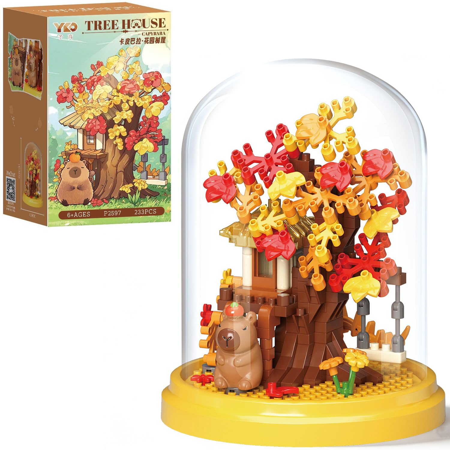 Capybara Tree House Building Set with Dust Cover, Capybara Mini Building Blocks, DIY Animals Plants Bonsai Tree Building Kit,Creative Desktop Decor Toy Gift for Adults, Kids (233PCS)