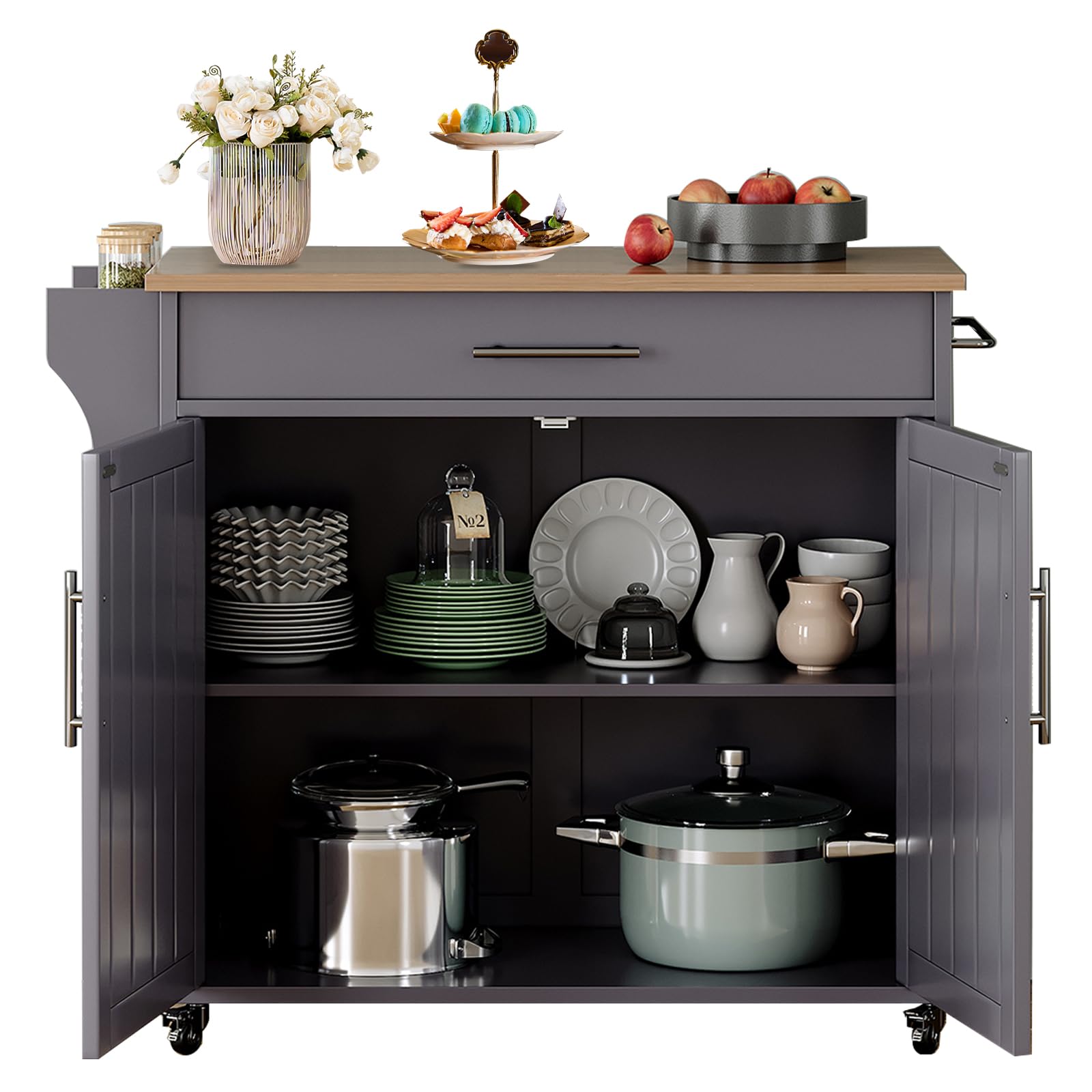 Pingliang Home Kitchen Island with Storage, 31" Rolling Kitchen Island on Wheels with Solid Wood Countertop, Kitchen Cart with Rattan Storage Cabinet, Spice Rack, Towel Rack and Drawers, Grey