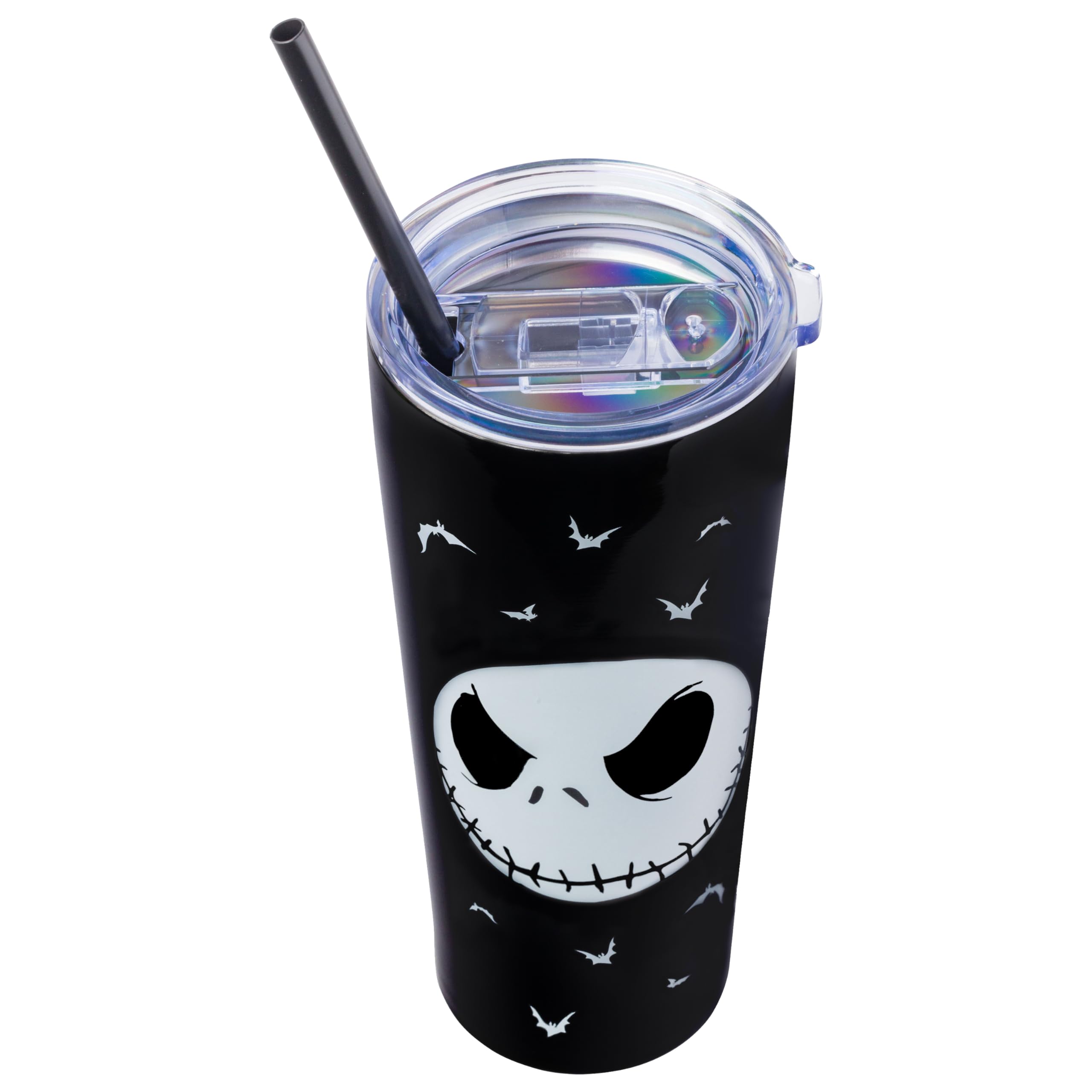 Silver Buffalo Disney Nightmare Before Christmas, Trinkglas, 625 ml | Edelstahl, Tim Burton's, Jack Skellington, Seriously Spooky, doppelwandig, inklusive Strohhalm, 0,65 Liter