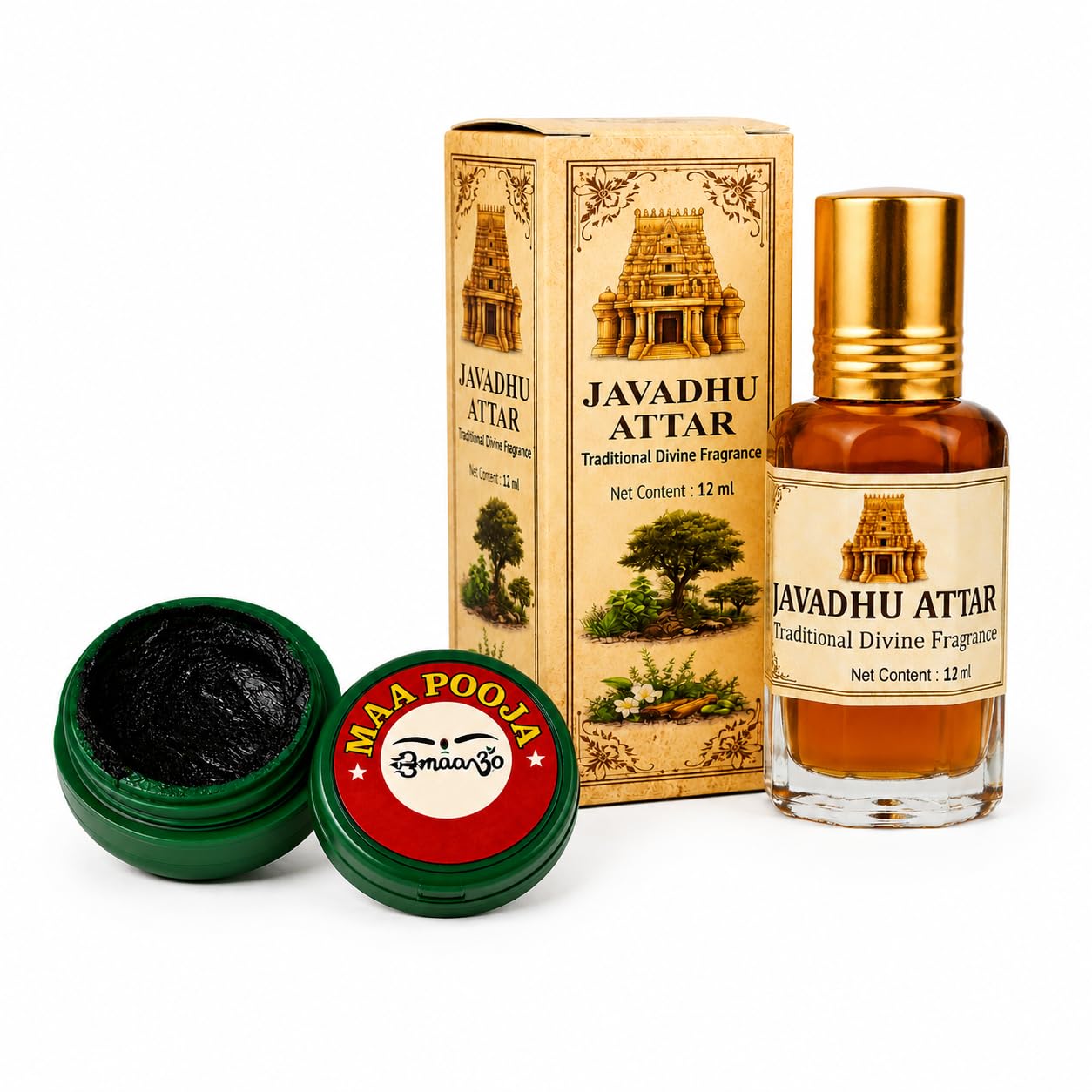 Maa Pooja Aragajam Black Tilakam & Javadhu Attar Combo Pack | Traditional Pooja Tilak & Fragrance Set | Devotional Ritual Essentials for Temple, Festivals & Daily Worship