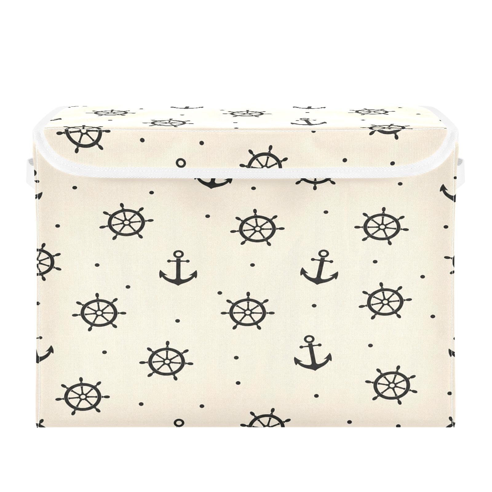 Ewusp Ship Anchors Rudder Fabric Storage Bin with Lid, Decorative Foldable Storage Basket with Handles, Stackable Closet Shelf Organiser Box for Clothes, Books, Bedroom, Living Room
