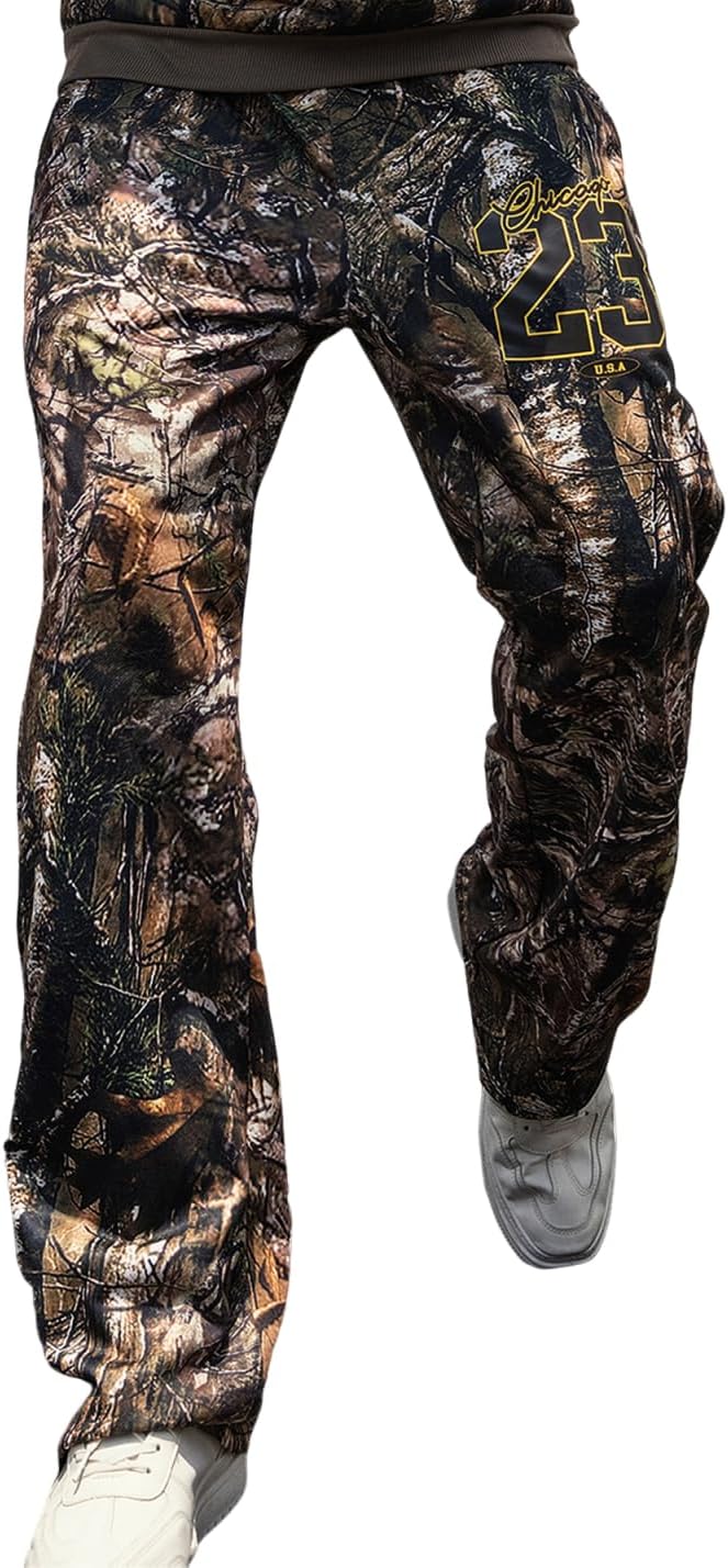 Men's Baggy Camo Pants Y2K Letter Graphic Flared Sweatpants Drippy Streetwear Joggers
