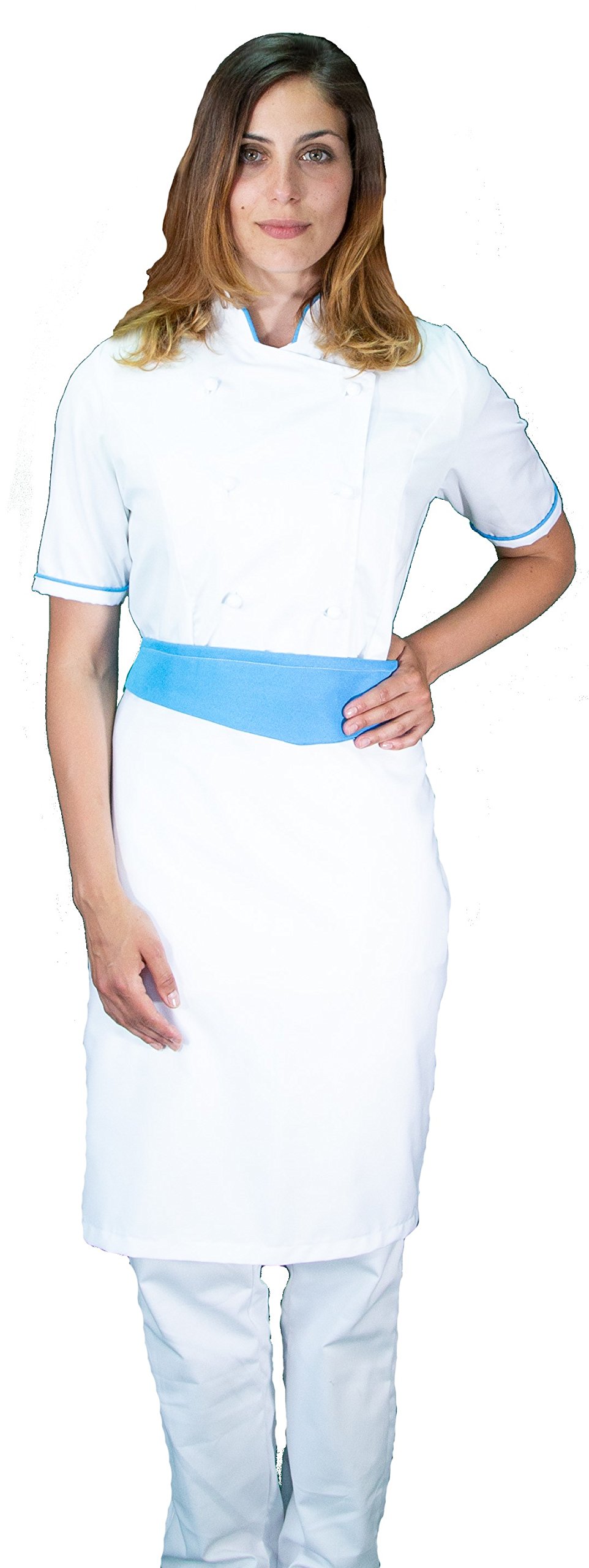 Bordado gratis – Uniforme Cocinero Mujer – Blanco y Cian – Chaqueta de manga corta, pantalón y delantal – Conjunto para cocina y restaurante – Fabricado en Italia, Color blanco., M