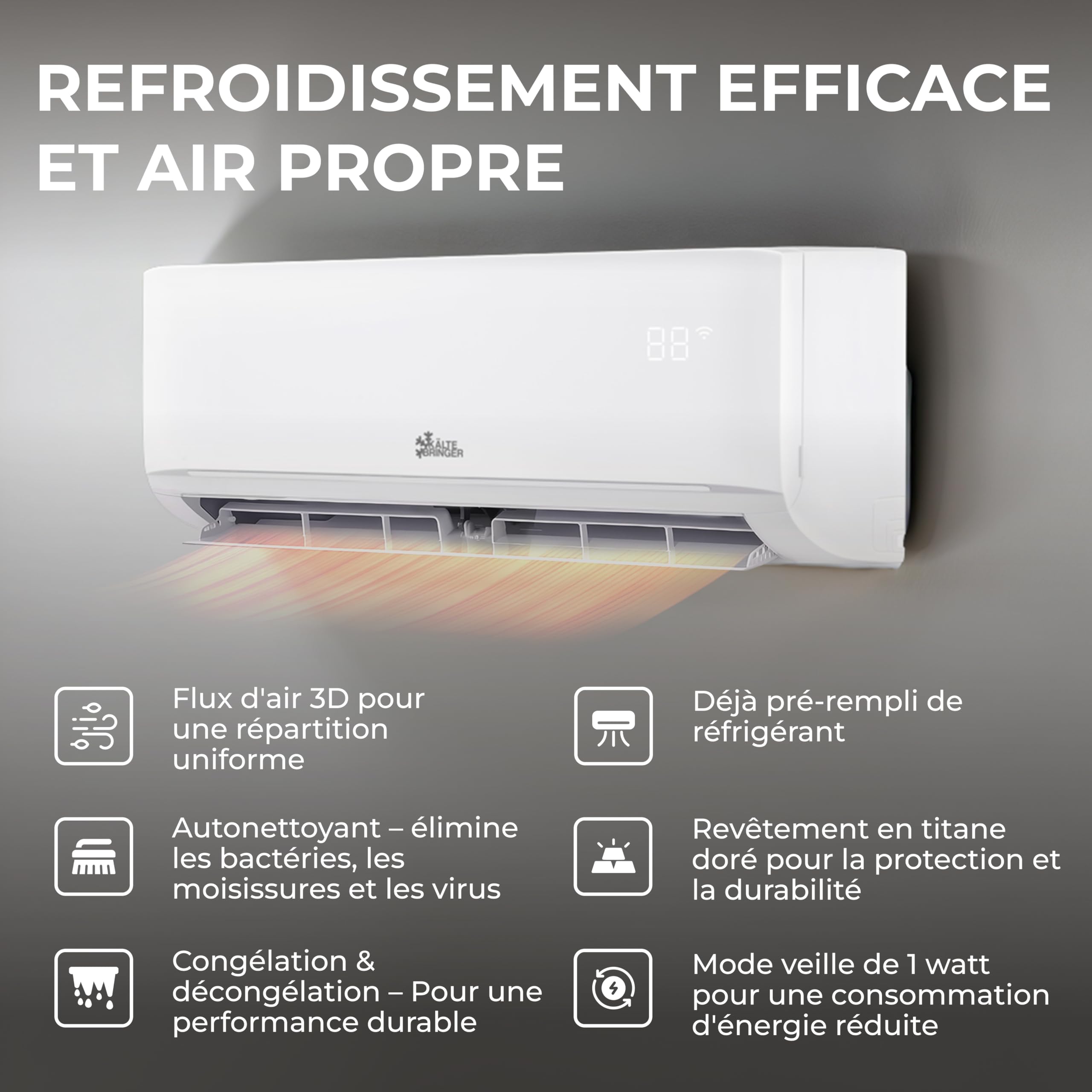 Kältebringer Climatiseur Split Réversible, 12000 BTU/h (3,5 kW) Wi-Fi/Application, Refroidissement A++ / Chauffage A+, Réfrigérant R32, Très Silencieux, Avec Support Mural Inclus