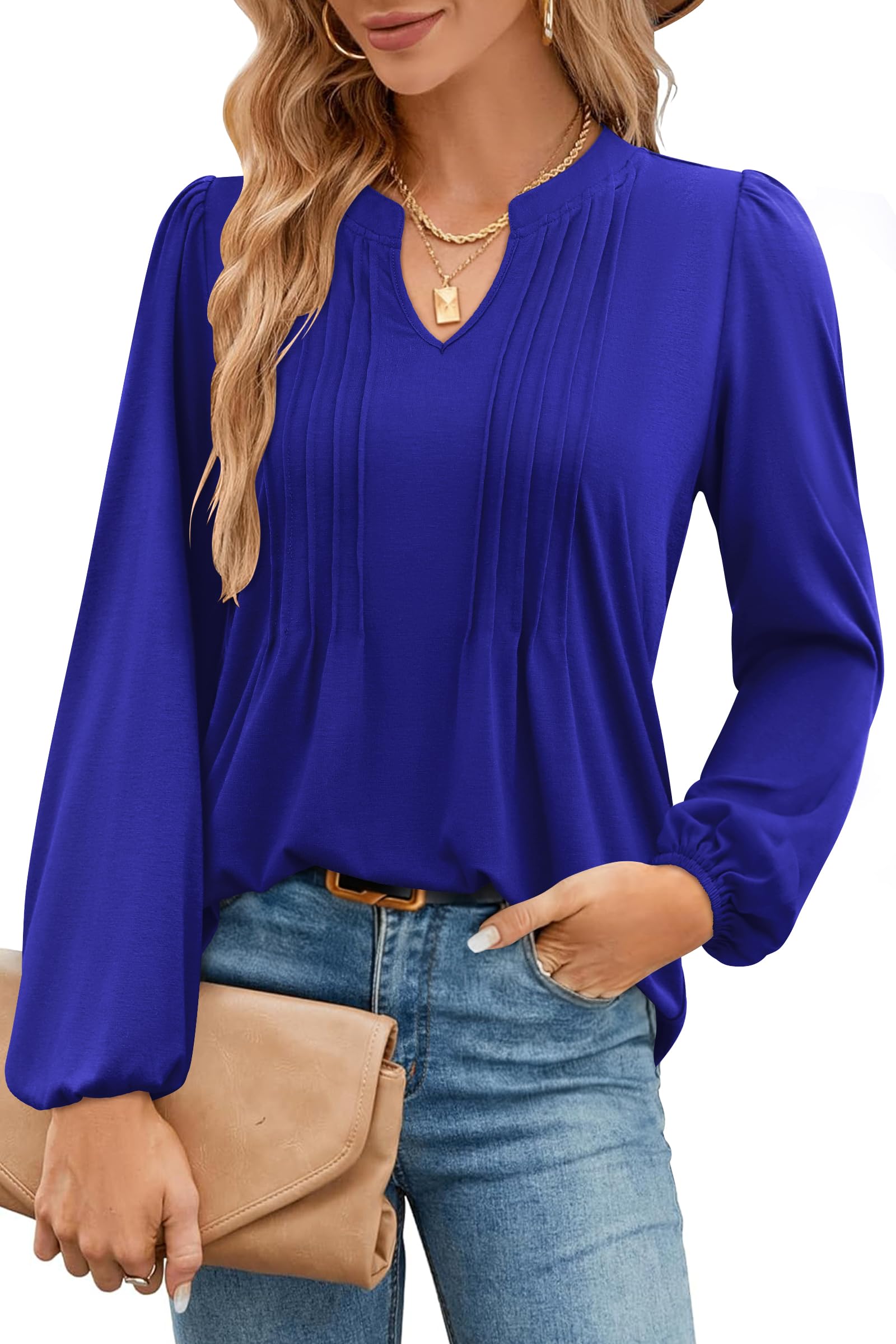 IVIR Damen V-Ausschnitt Puff Langärmel T-Shirts Plisserte Casual Loose Tunica Blouse
