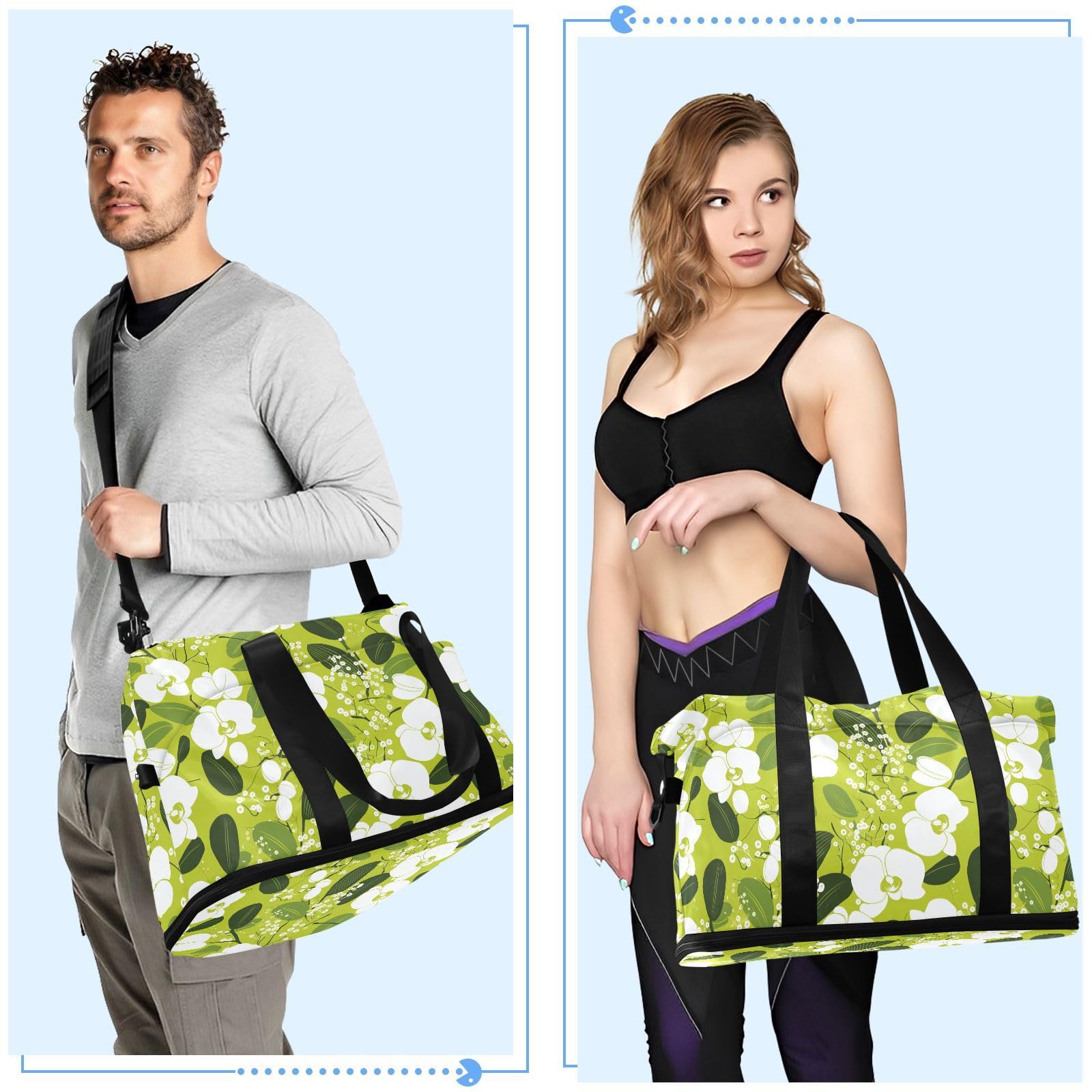 Reisetasche mit grünem Blumenmuster, Weiß, 2-teiliges Set, Reisetasche, Wochenendtasche, Übernachtungstasche, mit verstellbarem Gurt, für Flugreisen