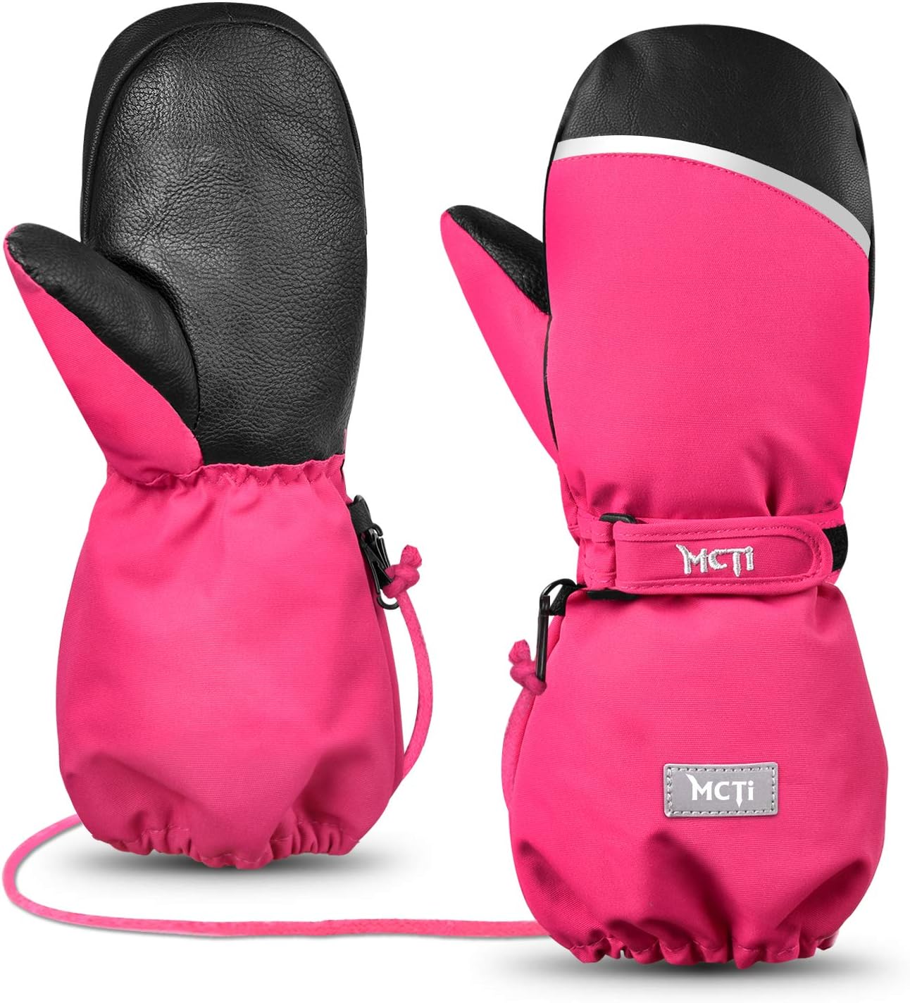 MCTi Kids Mittens Waterproof Winter Ski Warm Sherpa Lined Long Cuff with String - red - X - Small (Fits 6- 10 Years)