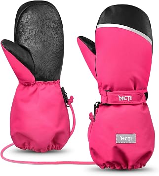 MCTi Kids Mittens Waterproof Winter Ski Warm Sherpa Lined Long Cuff with String