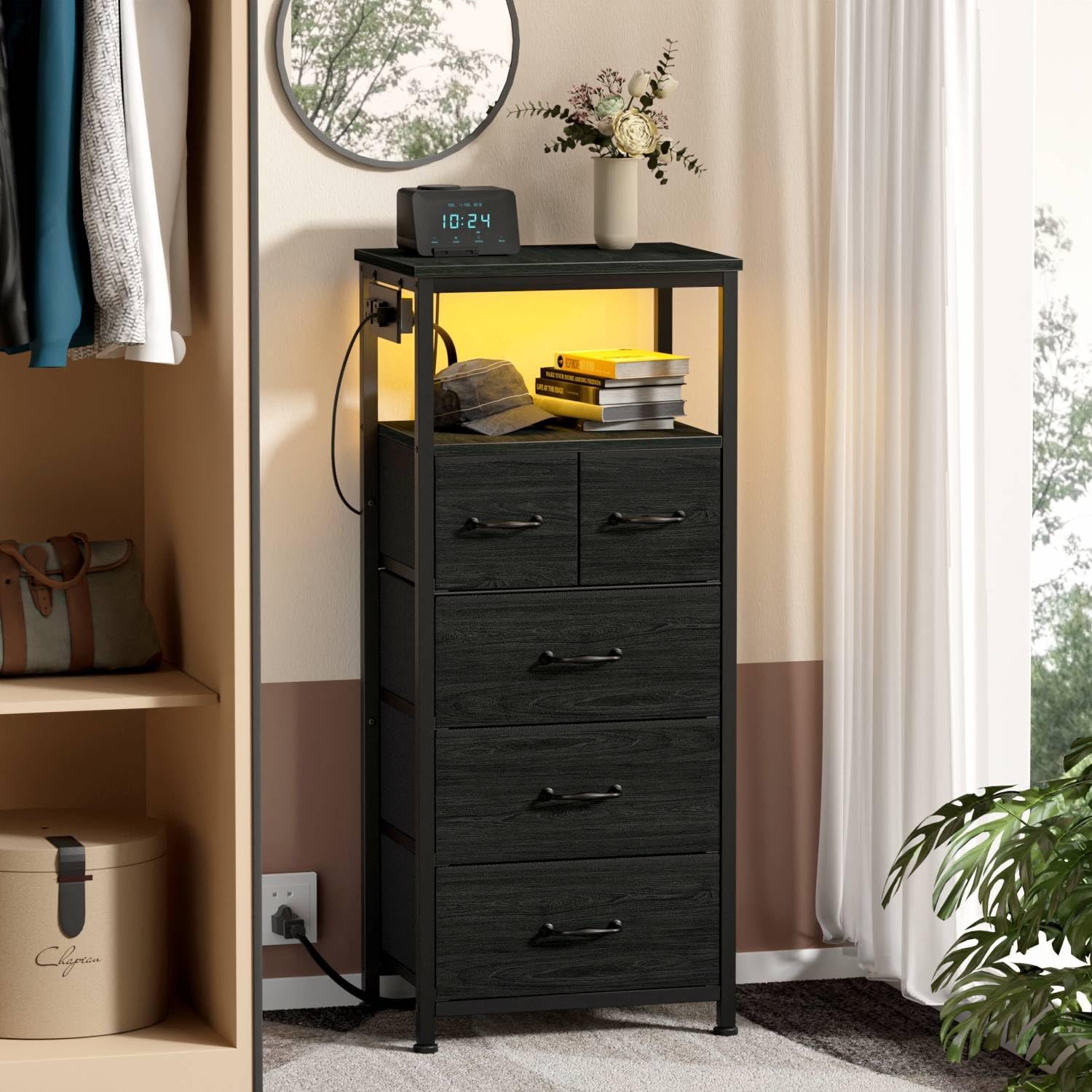 Furnulem Dresser and Nightstand Sets, Vertical Dresser with Charging Station and LED Lights + Night Stand with Charging Station
