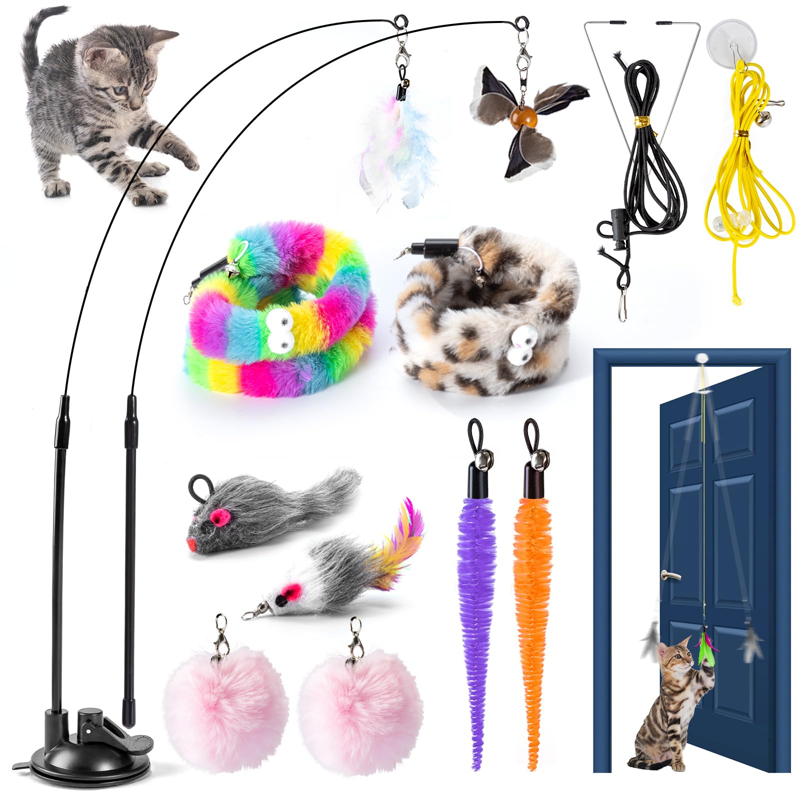 LongForU 12PCS Interactive Cat Toys, Cat Feather Toy, 4-in-1 Cat Teaser Wand with Bells and Feather, for Indoor Cats Adult & Kitten