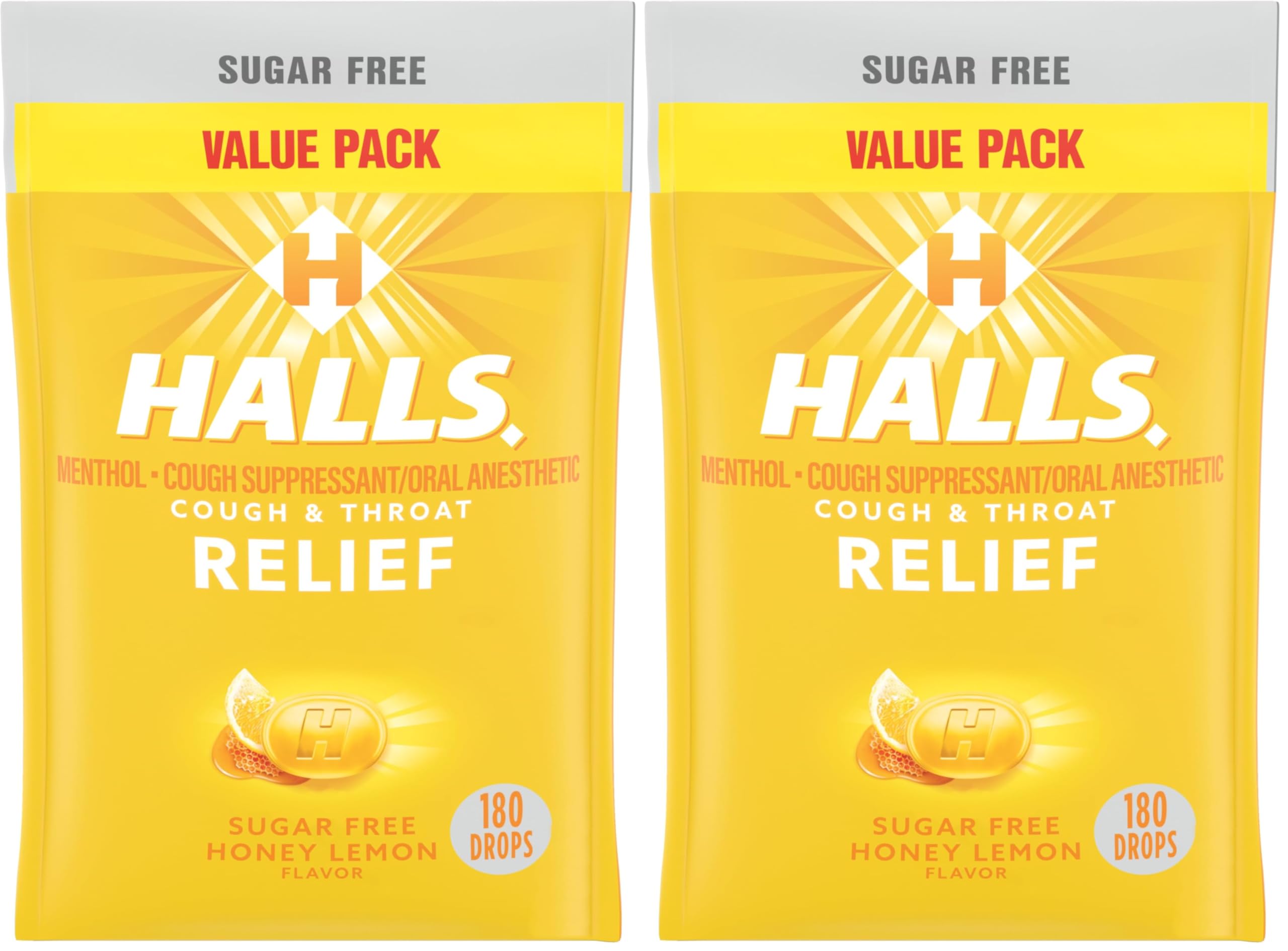 Halls Relief Honey Lemon Sugar Free Cough Drops, Value Pack, 180 Drops (Pack of 2)