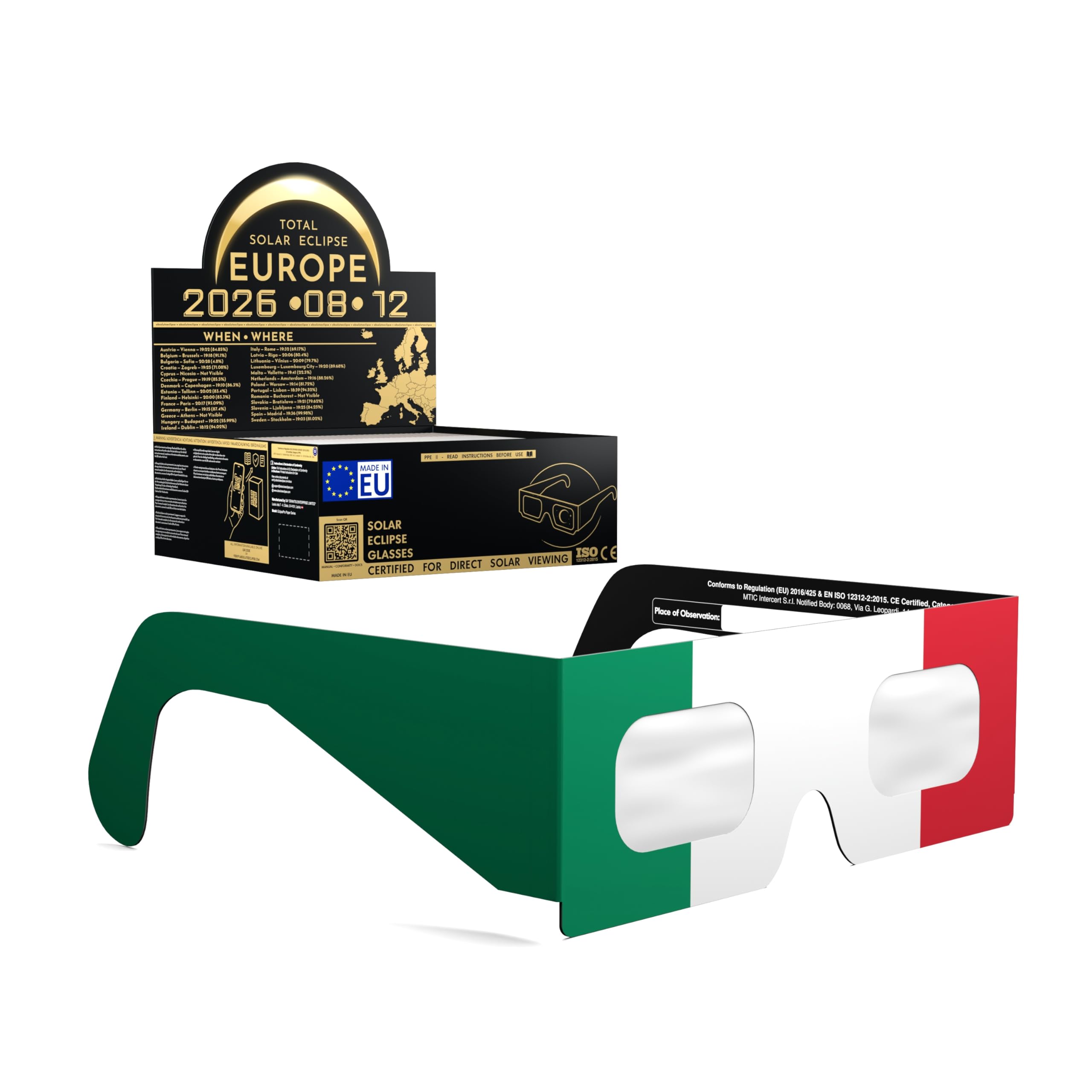 Solar Eclipse Glasses ISO 12312-2 CE Certified | Safe Solar Viewing Glasses UK | Paper Cardboard Frame | Total Solar Eclipse August 2026 | Made in EU | 50 Pack | IT โ image 1