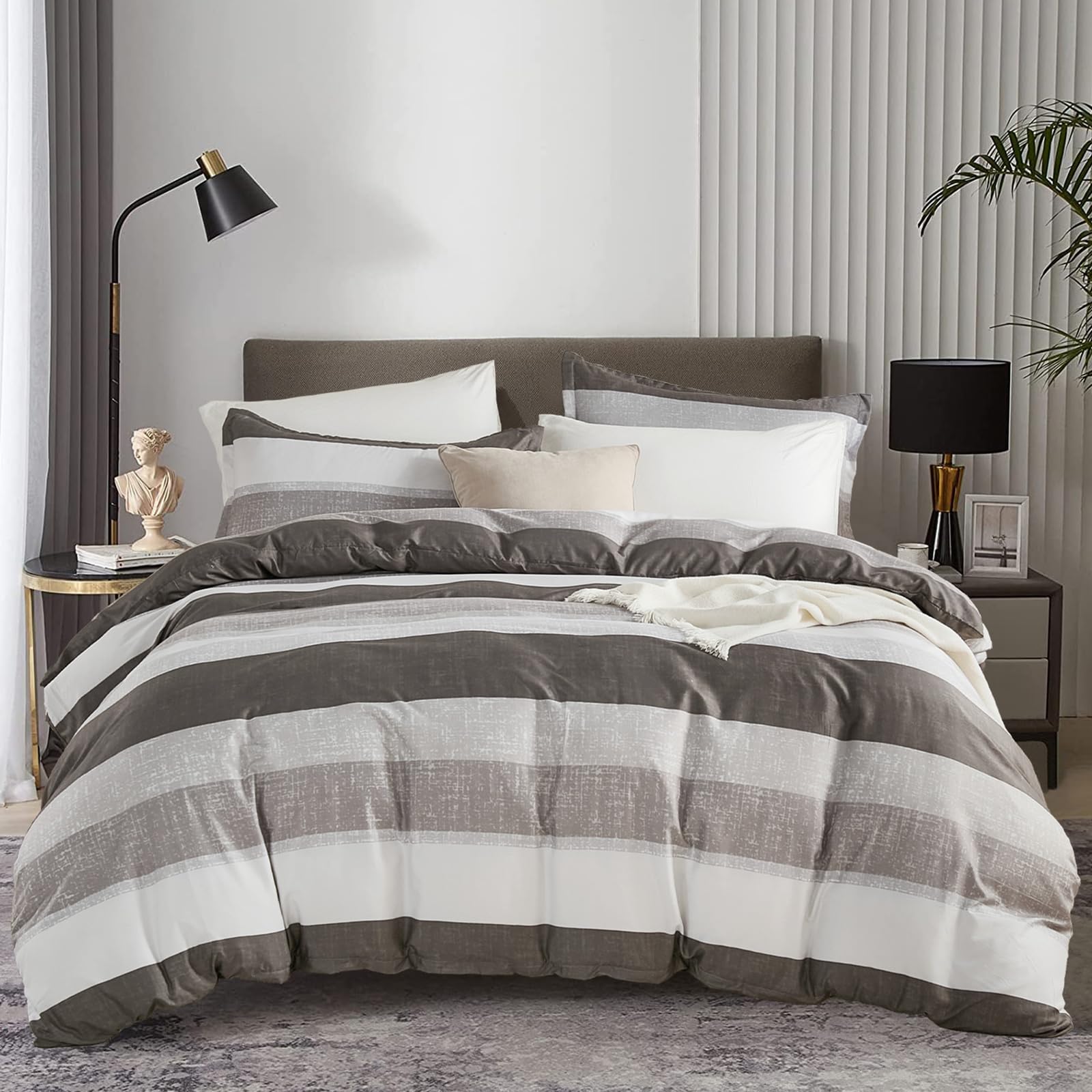 WONGS BEDDING Grey Duvet Cover King Size 3-Pieces Striped Bedding Set Ultra Soft Quilt Cover with Pillowcases(220x230cm) โ image 1