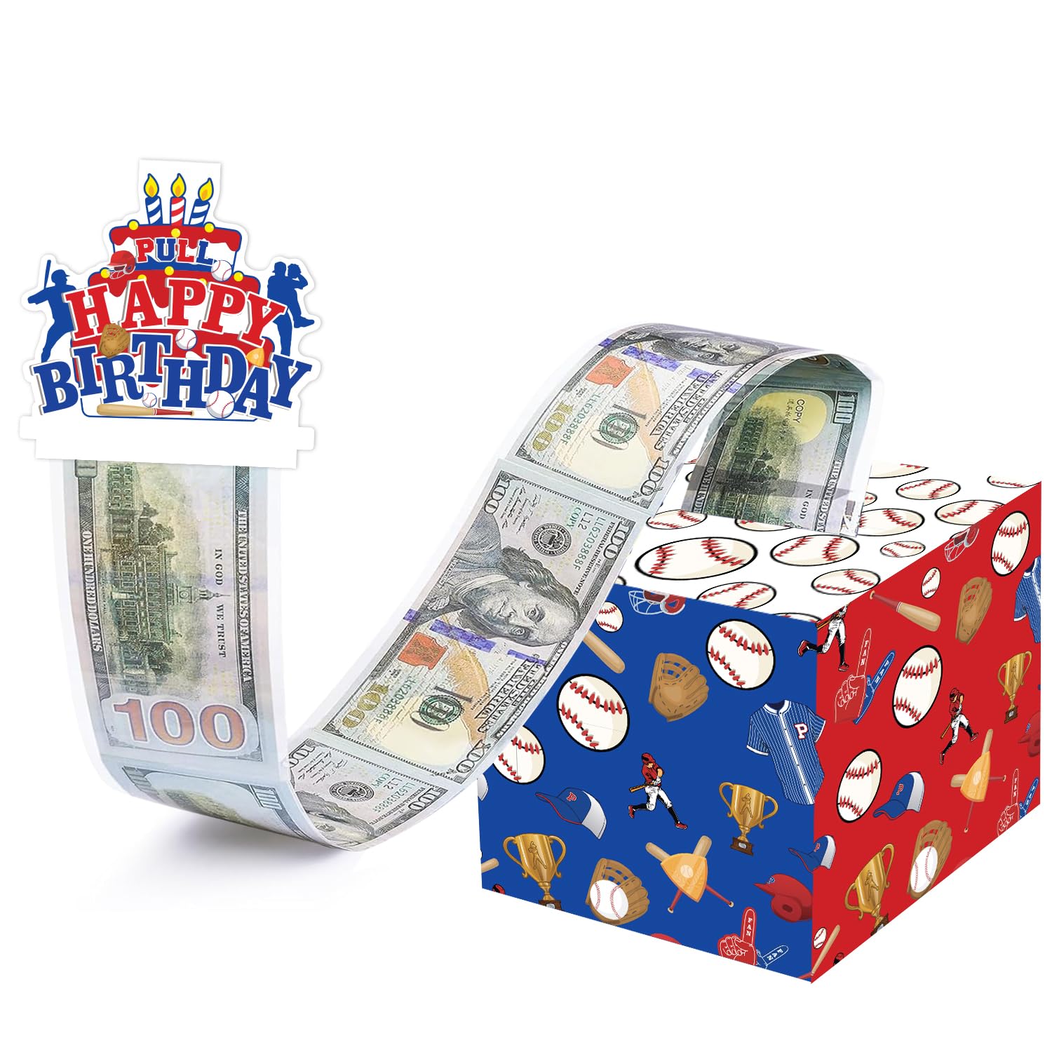 Mpanwen Baseball Birthday Money Gift Box for Cash Gift, DIY Surprise Baseball Themed Money Box with Pull Out Card and 30Pcs Transparent Bags for Kids