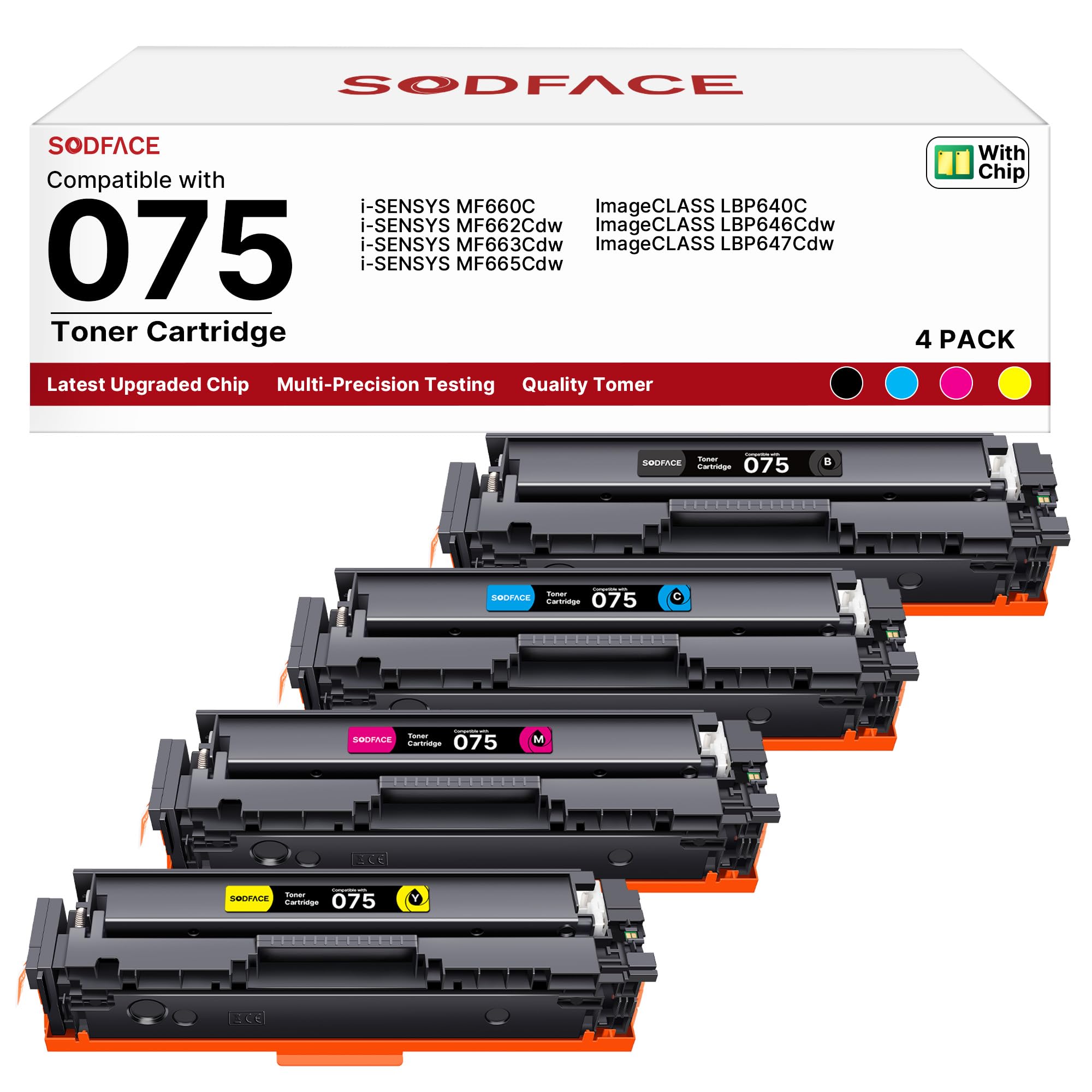 SODFACE 075 für i-SENSYS LBP647Cdw Drucker 075 075H Toner Cartridge Set: Kompatibel für Canon 075 075H ImageCLASS MF662Cdw MF663Cdw MF665Cdw LBP646Cdw LBP647Cdw (Schwarz Cyan Gelb Magenta, 4-Pack)