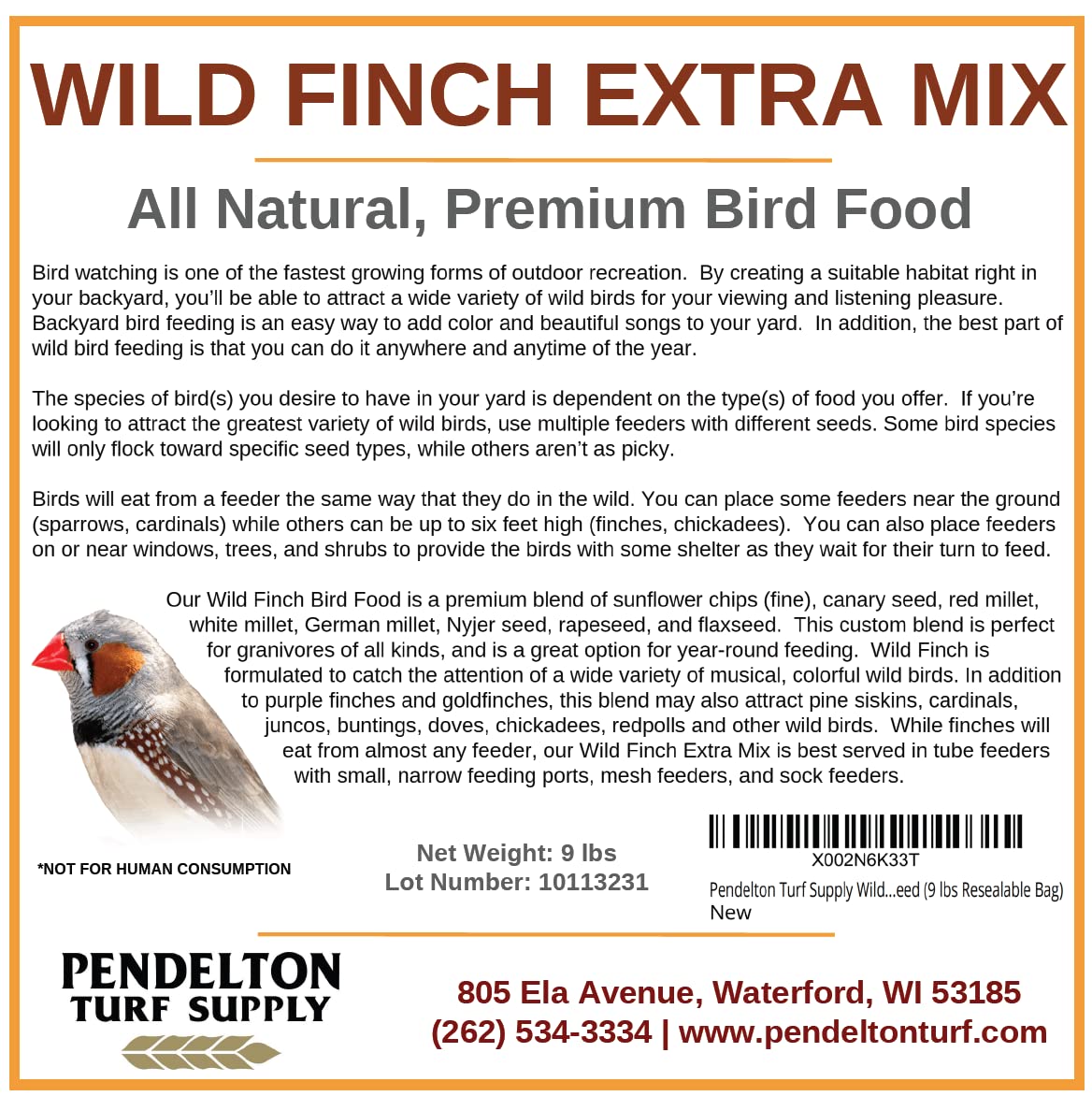 Pendelton Turf Supply Wild Finch Mix Extra | All-Natural, Premium Bird Seed (9 lbs Resealable Bag) - Additional View