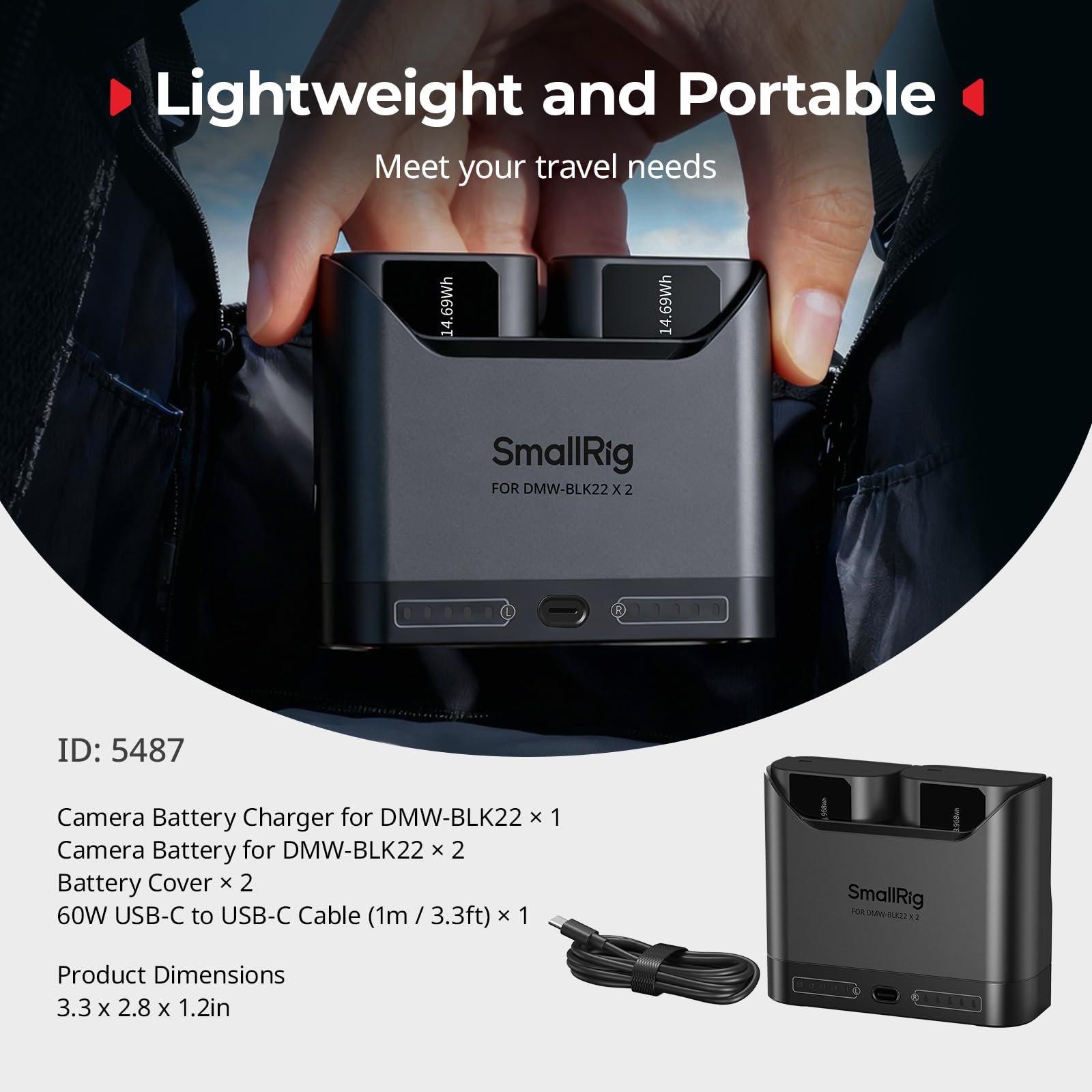 SMALLRIG Akkupack für Panasonic DMW-BLK22, 2 Wege Ladegerät mit 1940mAh Akkuladung, voll kompatibel zu Panasonic Lumix GH5, GH5 II, GH6, GH7, S5, S5-5487
