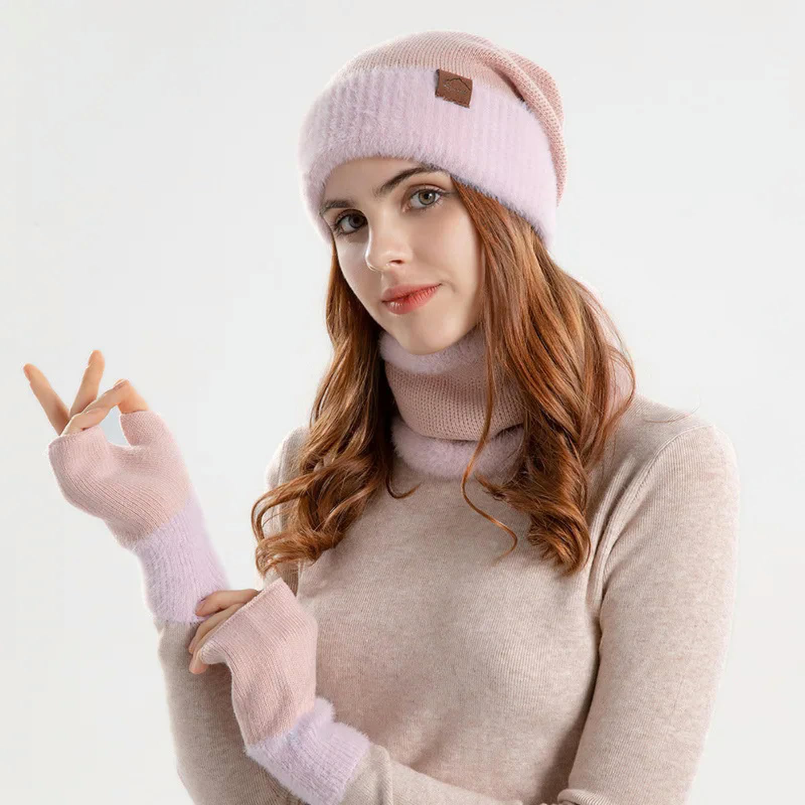 Schal Mütze Handschuh Set Winter Gestrickte Mütze Hut Halswärmer Handschuhe Mode Außenhut Für Frauen