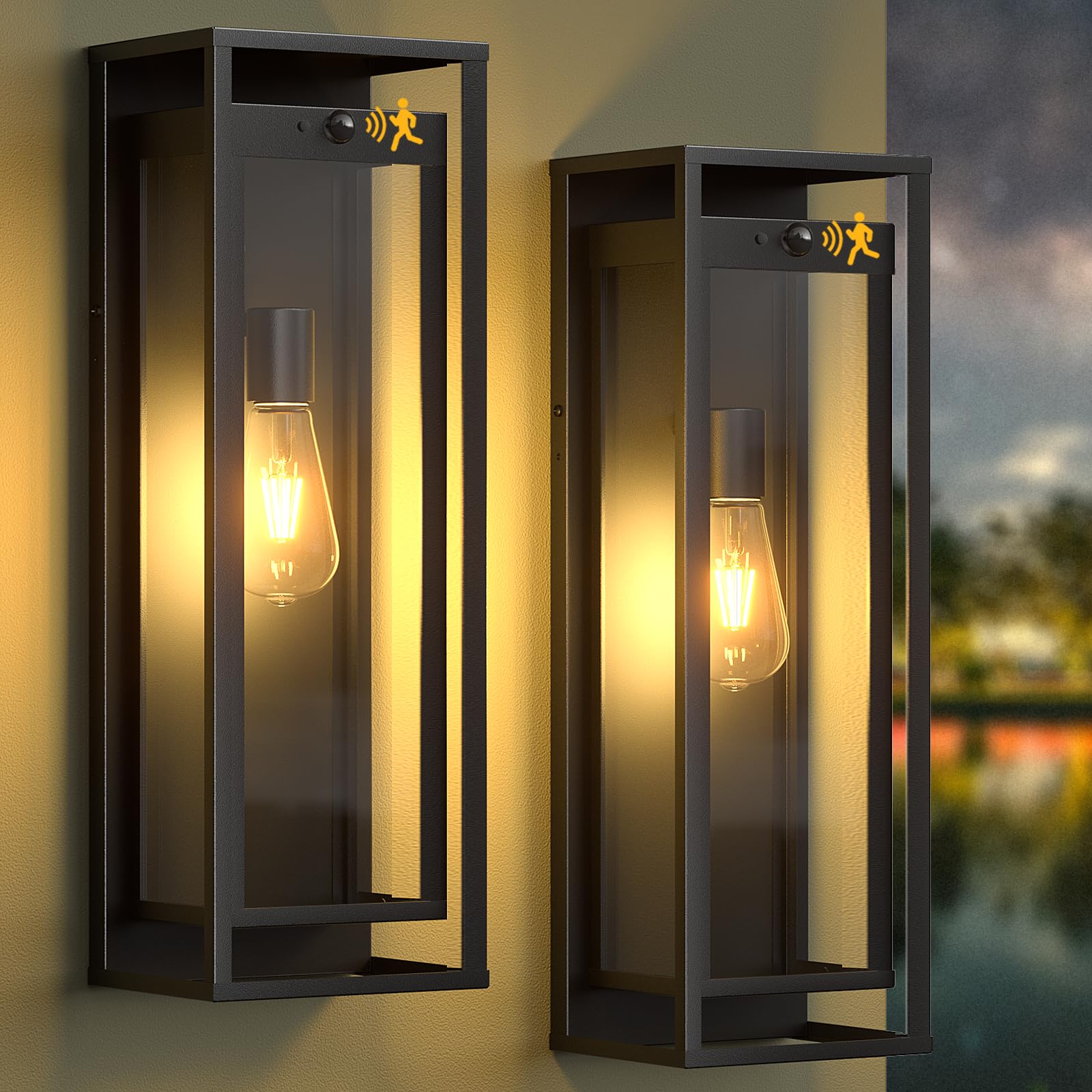 20in Outdoor Wall Light Motion Sensor-Black Modern Sconce Waterproof Exterior Lighting Fixture E26 Socket Porch Lights Extra Large